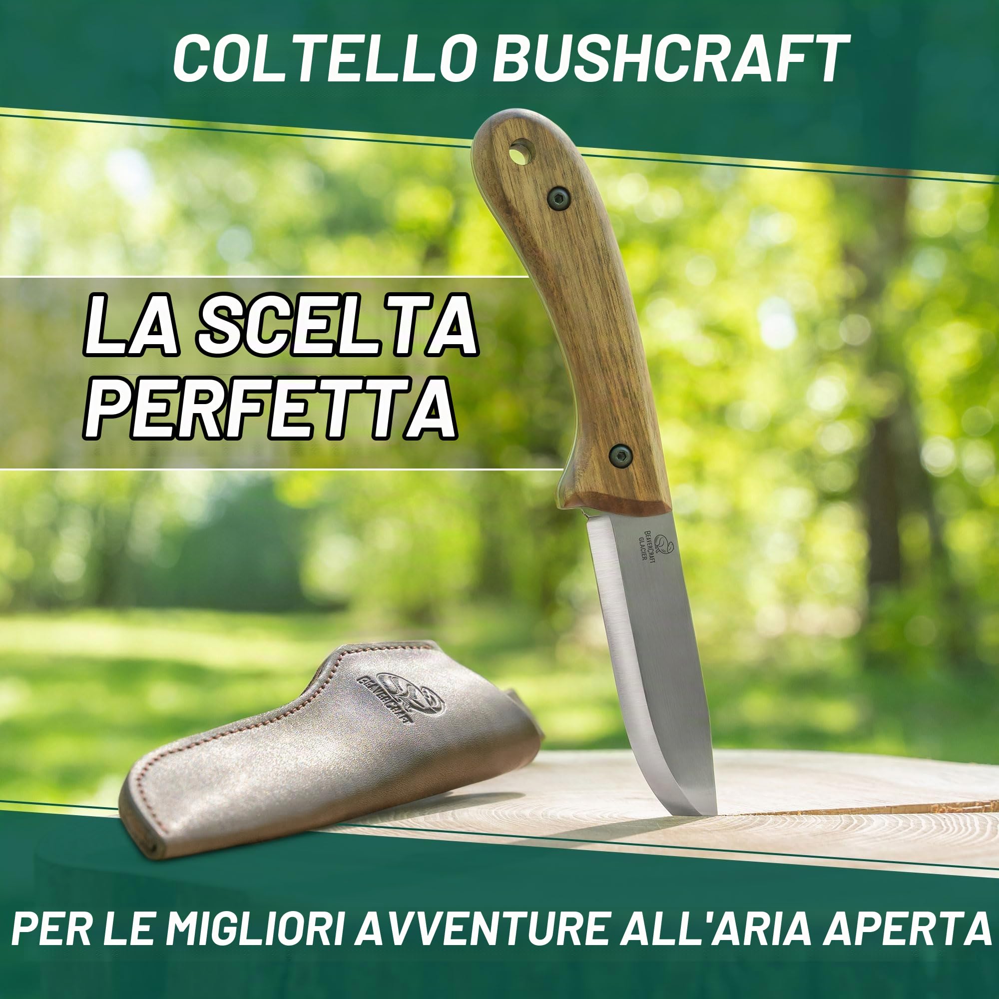 BeaverCraft Coltello da bushcraft Lama in acciaio Coltello a lama fissa con fodero in pelle Coltello da campeggio Coltello da sopravvivenza in acciaio al carbonio a codolo intero | BSH2 Glacier