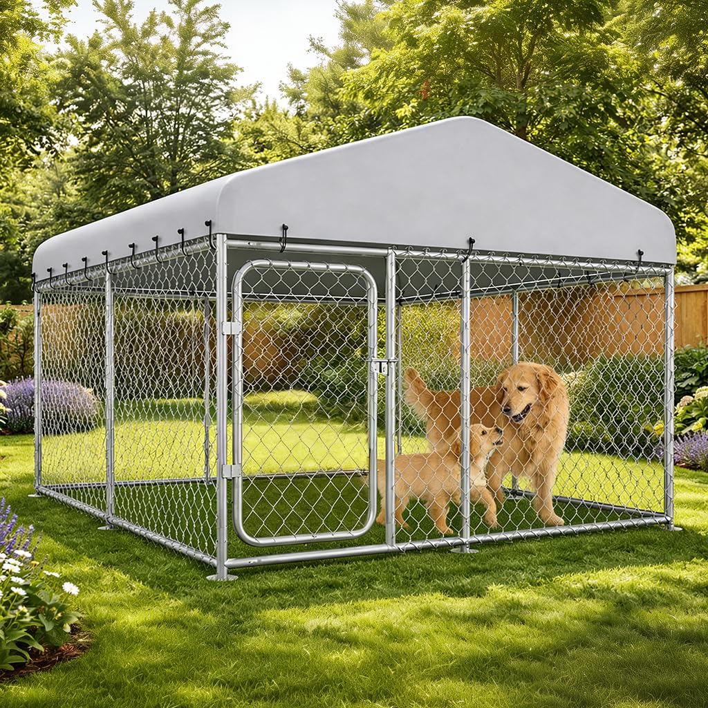 comhoma 7.5×7.5ft outdoor dog kennel with roof,heavy duty metal dog enclosure with weather-resistant cover & secure lock for medium large dogs