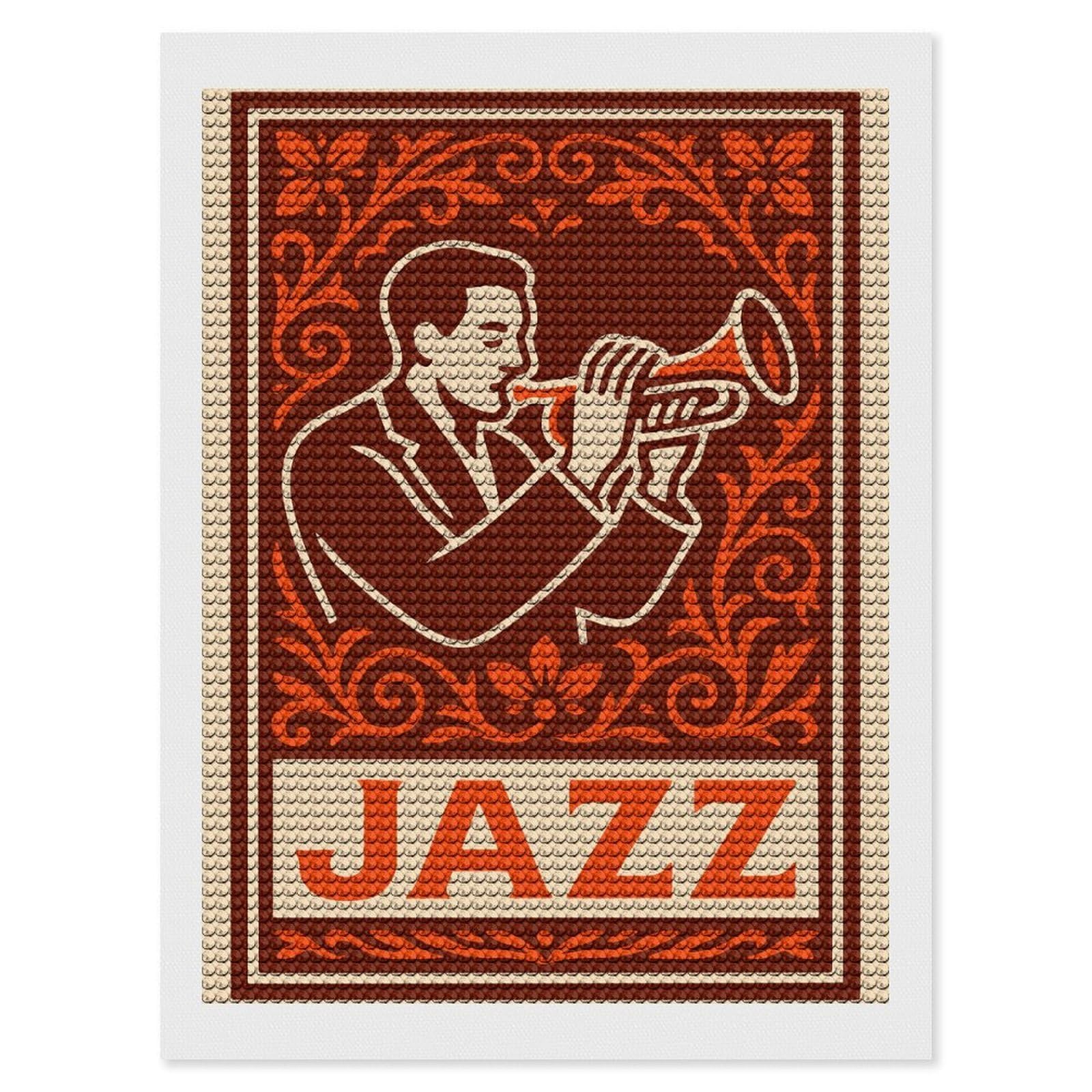 Junmoney Jazz Musician Playing Trumpet Vintage Diamond Painting Set 12"x16", Full Kit Included, Sparkling Round Gems, Farmhouse Decor, Festive Craft Gift