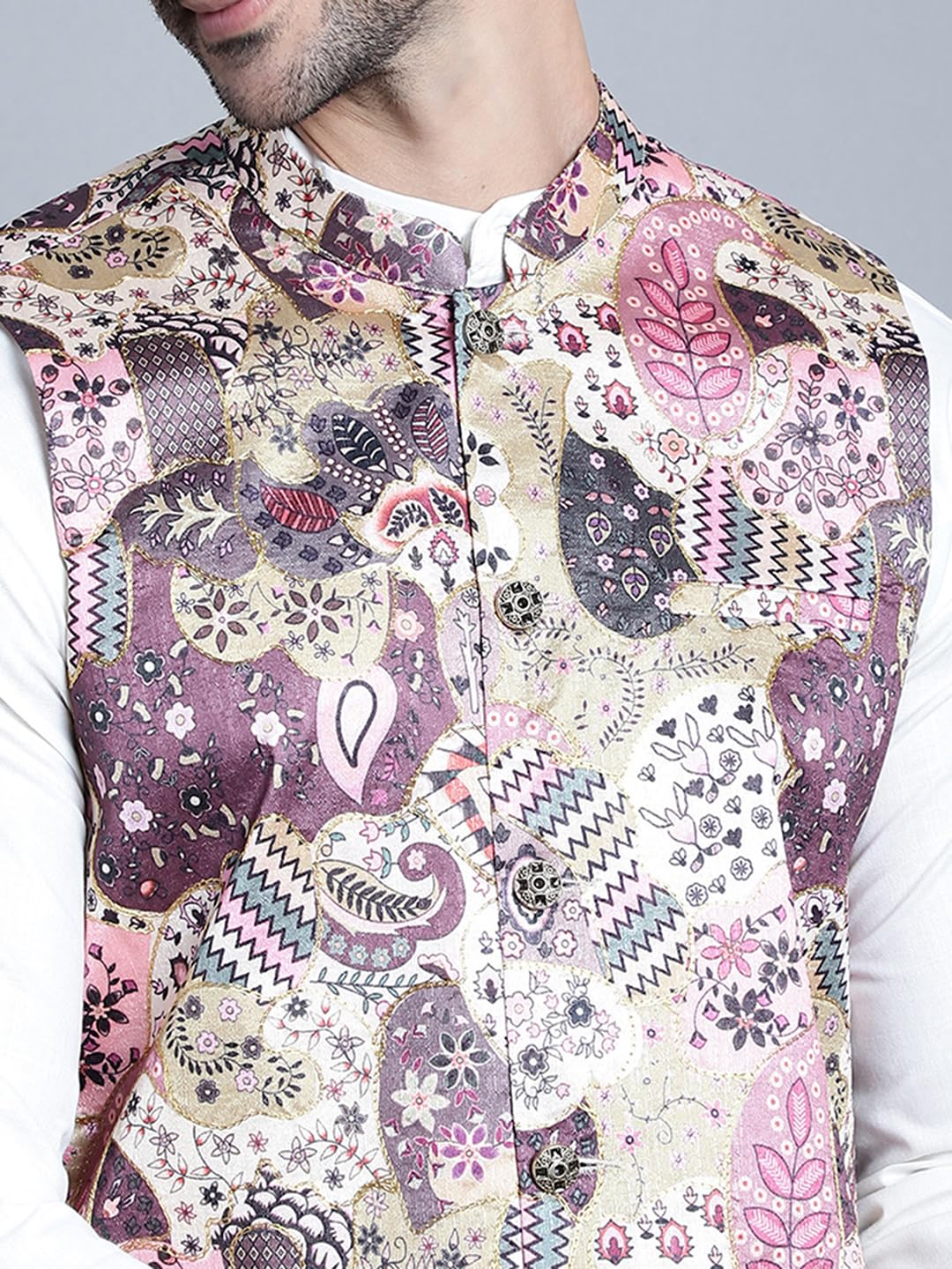Jompers Men's Printed With Zari Work Waistcoat (Purple, S) 3