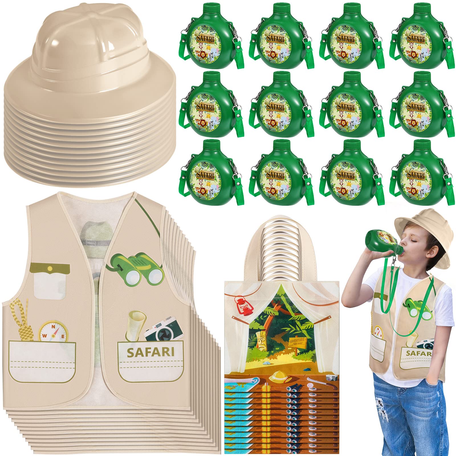 48 Pcs Kids Explorer Costume Set Kids Explorer Hats Jungle Party Vest Safari Tote Bag Canteens Water Bottles Stickers for Outdoor Activity Safari Costume Jungle Theme Party Supplies Favors Gifts