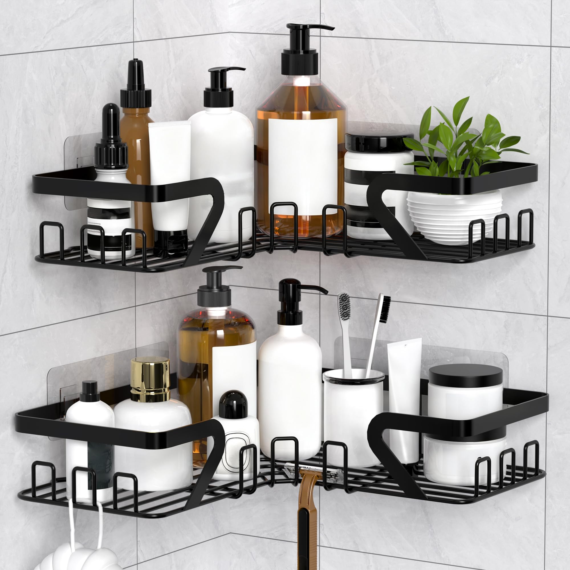 Kegii Corner Shower Caddy, Shower Corner Shelf, Bathroom Storage No Drilling, Adhesive Shampoo Organiser Rack, Bathroom Shelves Storage, Black Shower Accessories