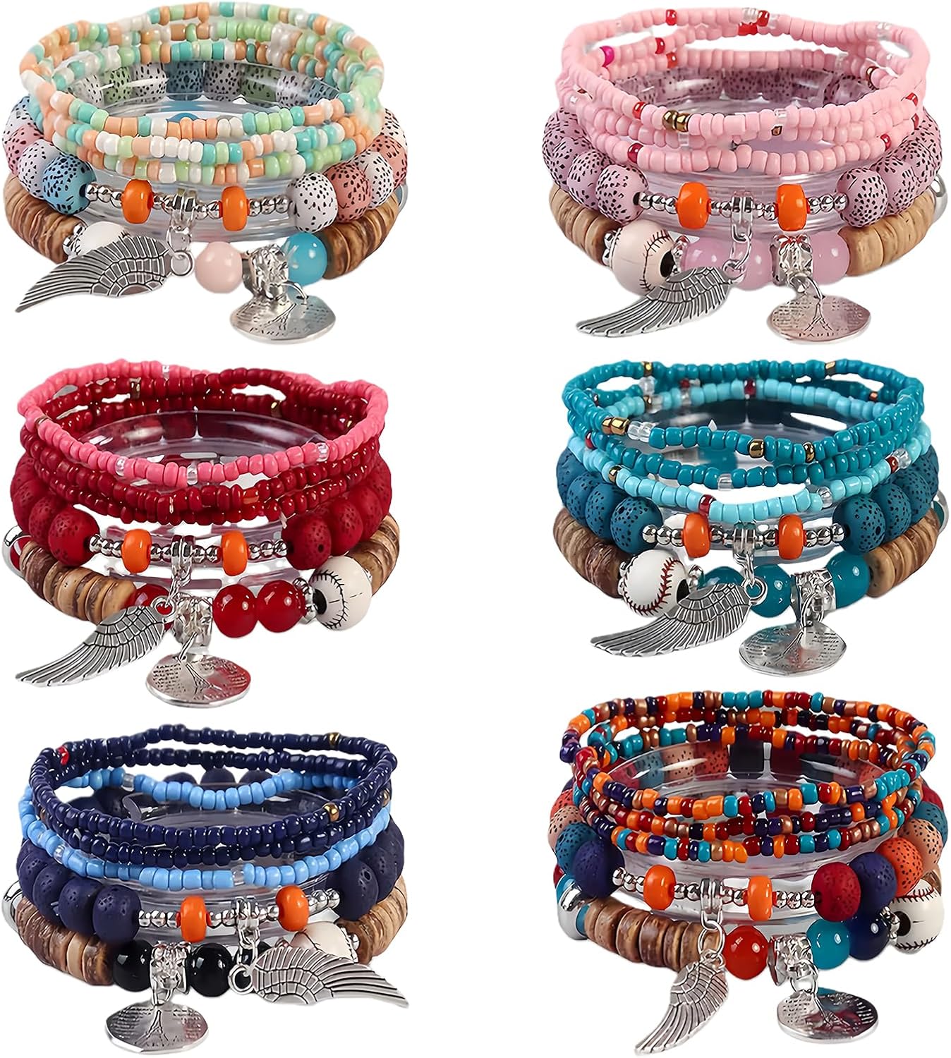6 Pcs Boho Beaded Bracelet Set for Women - Stretchable Stackable Layered Colorful Jewelry for Summer Beach Festival Party Gifts