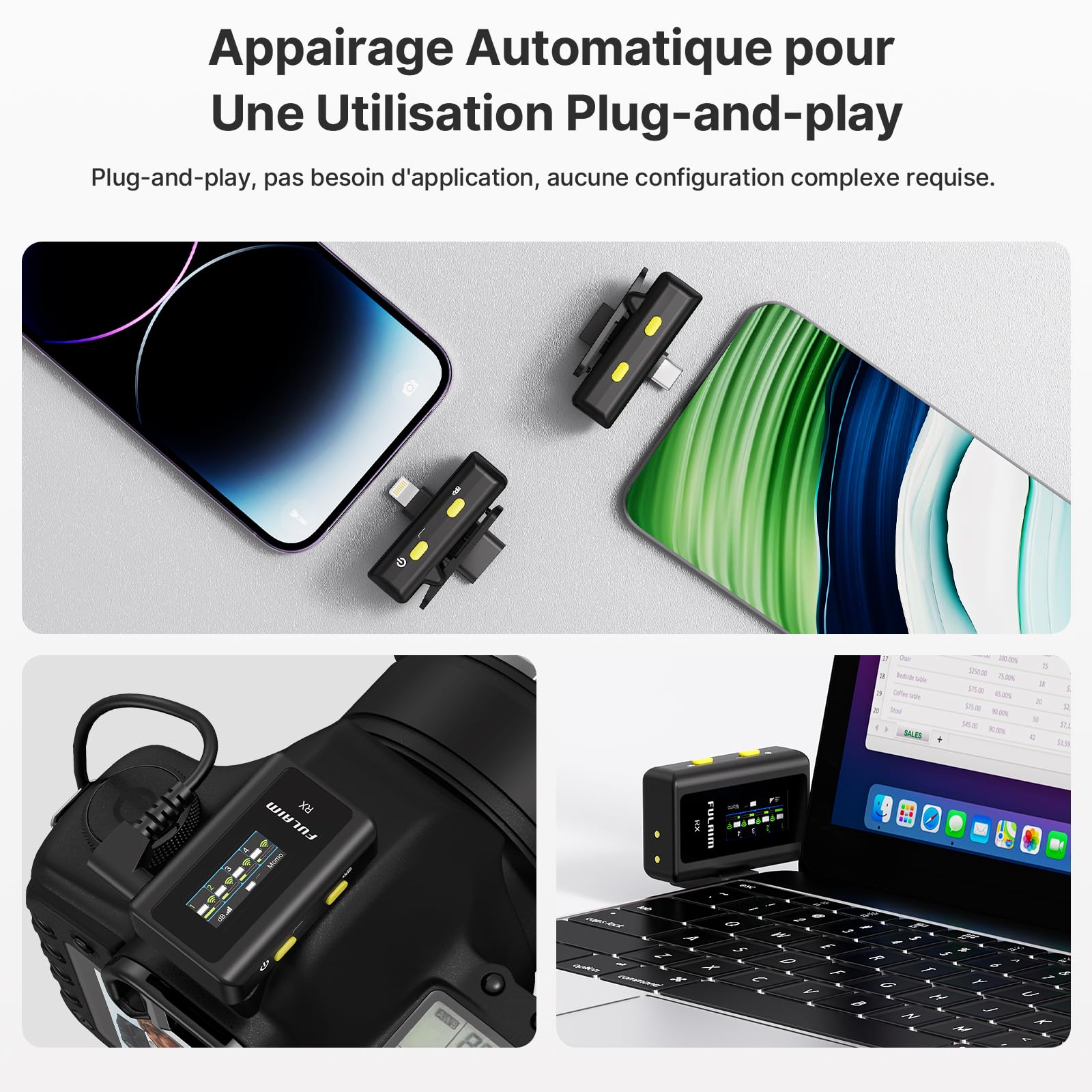 FULAIM X6 Microphone Cravate sans Fil, 4 Émetteur 1 Récepteurs, Micro Clip pour Interviews, Présentations, Enregistrements Vidéo, Compatible avec Appareils Photo et Smartphones