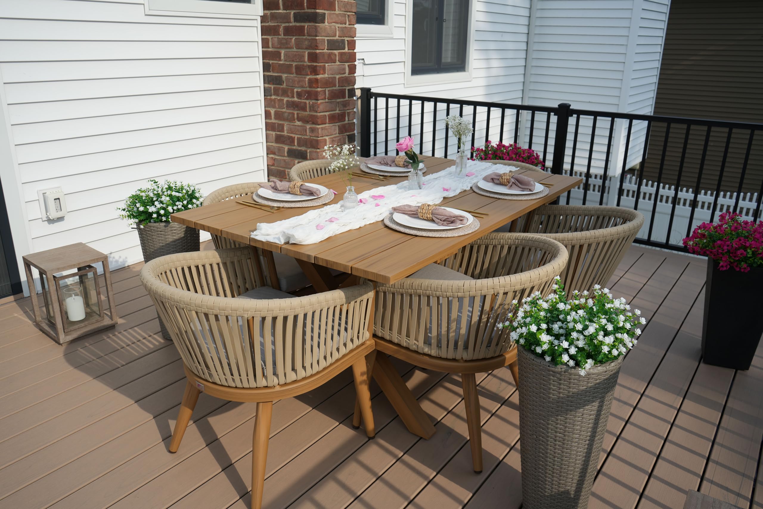 PURPLE LEAF 7 Pieces Outdoor Dining Set with Rattan Chairs Cushion, Teak