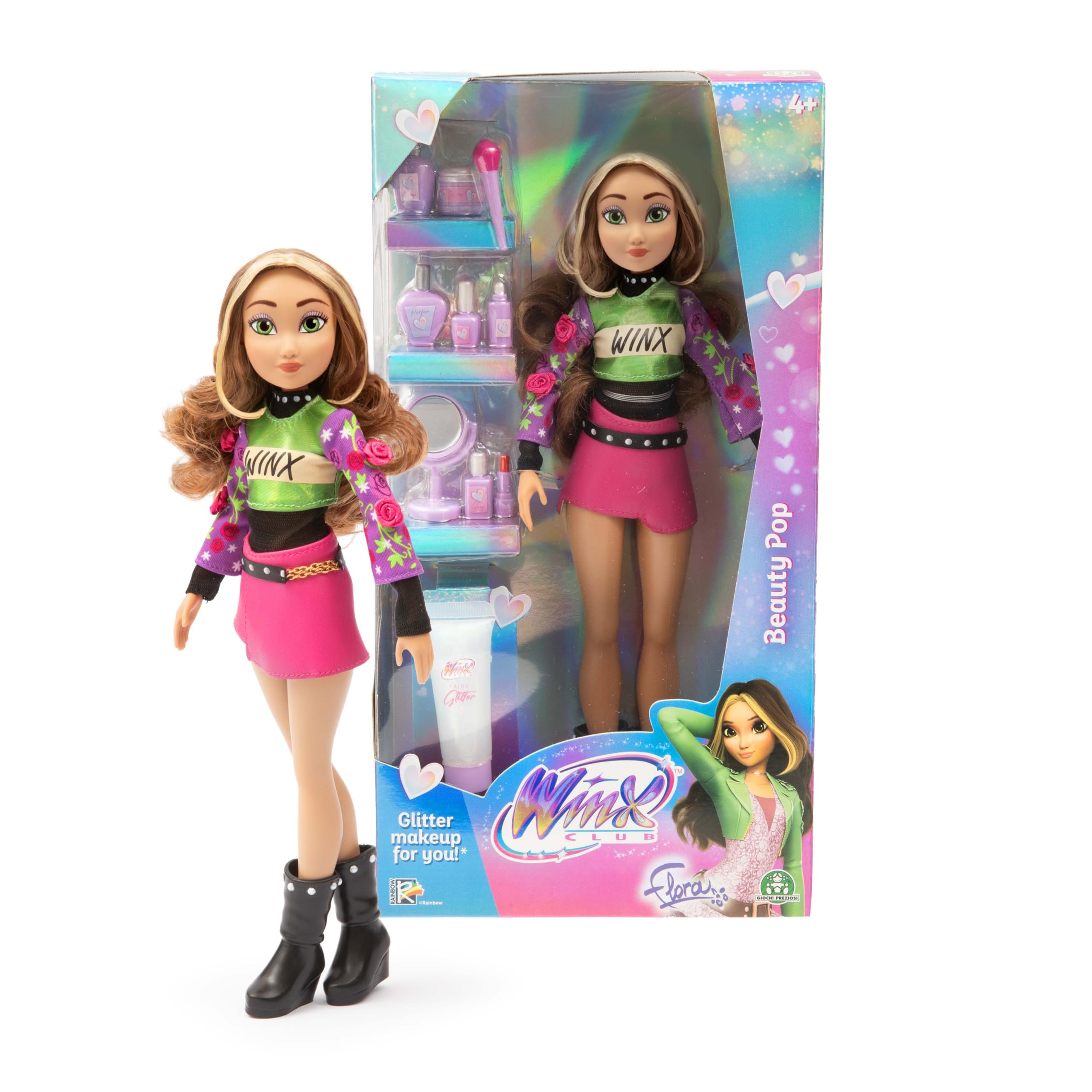 Winx Club Beauty Pop Doll – Flora with Fashion Concert Outfit & Glitter Gel – Fully Articulated Fairy Doll with Beauty Accessories – Official Toy for Girls – Ages 4+, 30.5 cm