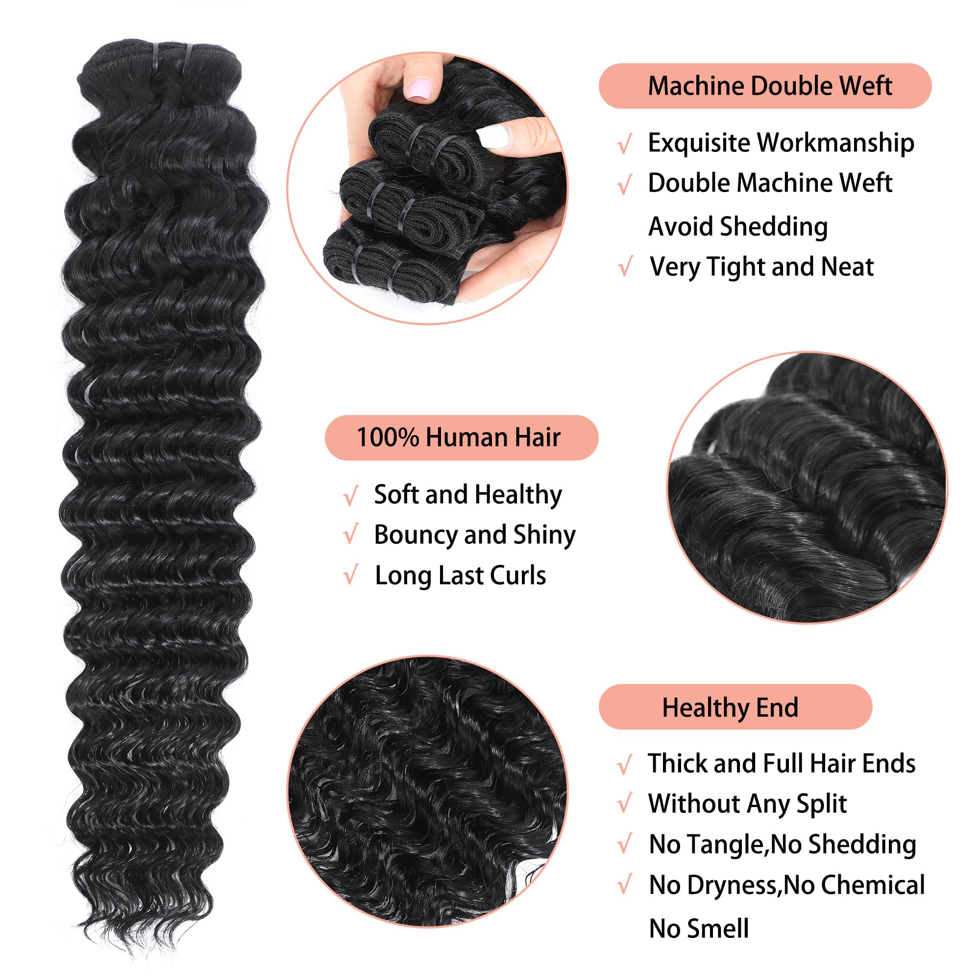 Roserer 12A Human Hair Bundles Deep Wave Bundles Human Hair 12 14 16 Inch 100% Brazilian Virgin 3 Curly Weave Bundles Human Hair 295-300g Natural Color - Image 3