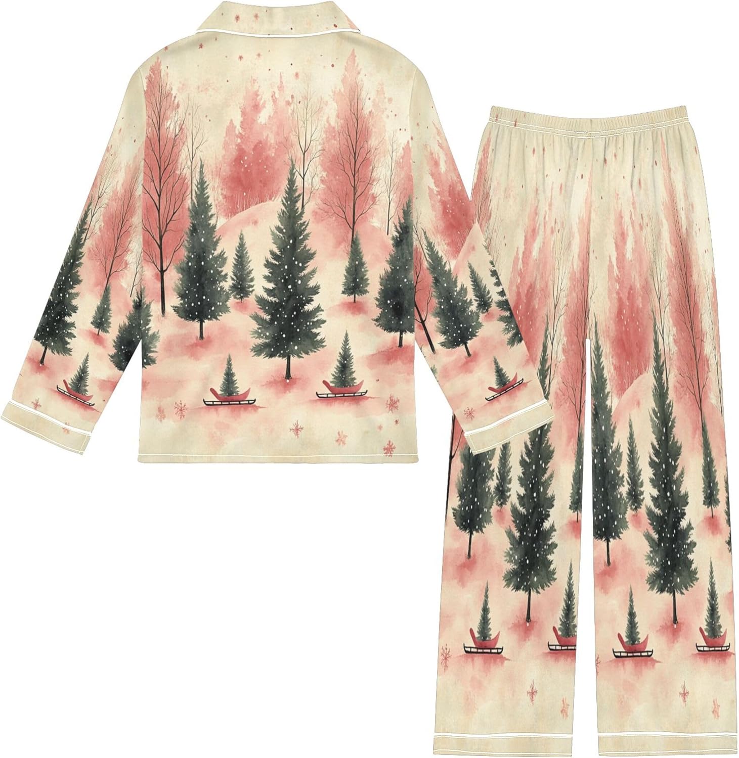 Christmas Trees Soft Red Satin Pajama Set Long Sleeve Pajamas Silk Sleepwear 2 Piece Pjs, Size 7-8 Years