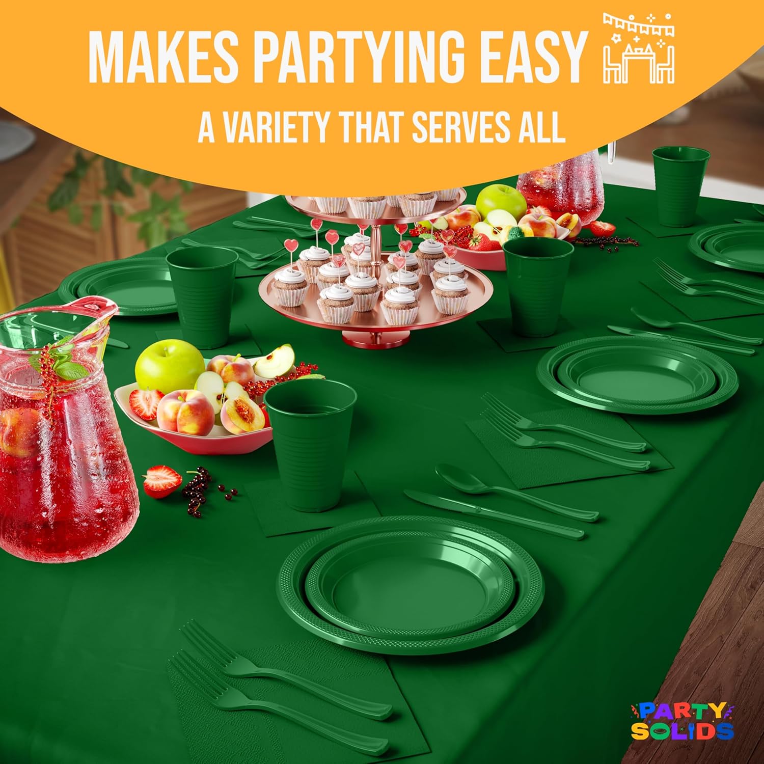 403 Pcs Emerald Green Plastic Plates For Party, Green Disposable Plates Set, 50 Each 9" Plate, 7" Plate, 12 Oz Cups, 2 Size Napkins, Cutlery & 3 Tablecloths Plastic Dinnerware Sets