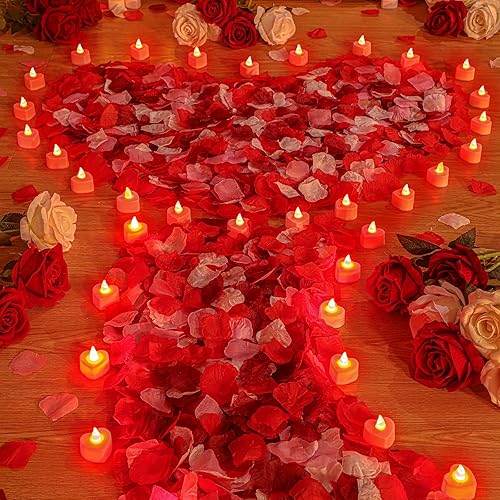VIHOSE 4000 pétalos de rosa artificiales con 24 velas LED de té, velas LED sin llama, pétalos de rosa falsos para noche de San Valentín (luz roja,