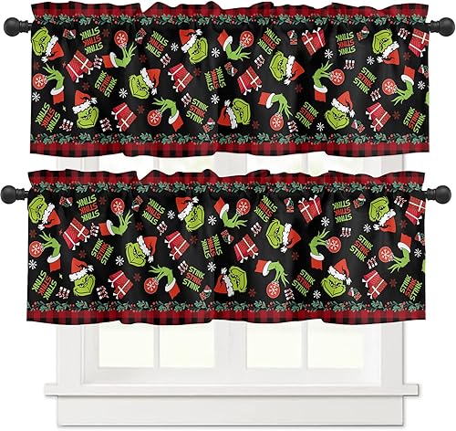 Cortinas de cocina de Navidad cenefa 2 piezas decoraciones de Navidad cortinas de cenefa con bolsillo para barra decoración de lavandería cenefas