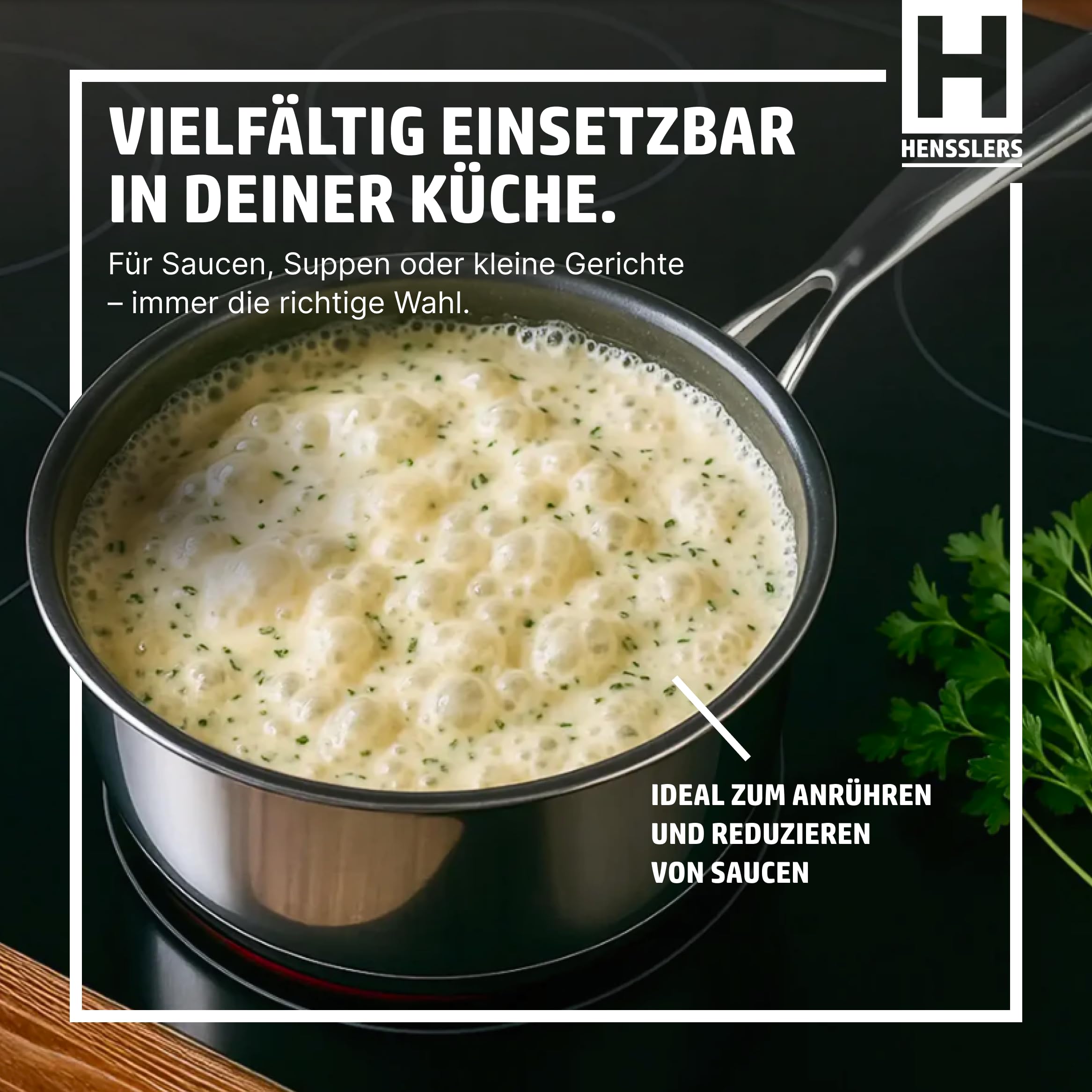 HENSSLERS® Stielkasserolle 16cm [ALLE HERDARTEN] - Saucepan aus Edelstahl - Stieltopf mit innovativer Keramikbeschichtung + Antihaftwirkung - Kochtopf klein - Mini Topf - Kasserolle Induktion geeignet