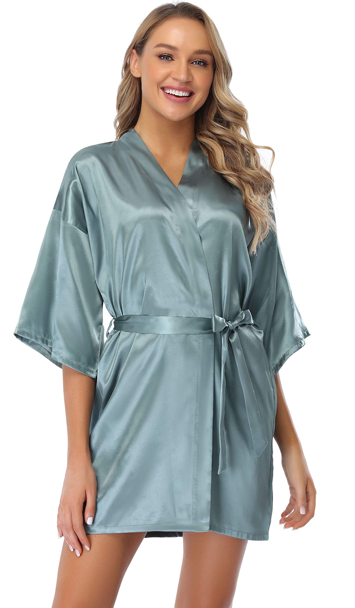 Vlazom Kimono In Raso da Donna,Camicie da Notte Sexy Elegante Scollo V con Cintura Tasche Abito Corto Accappatoi e Vestaglie da Sposa