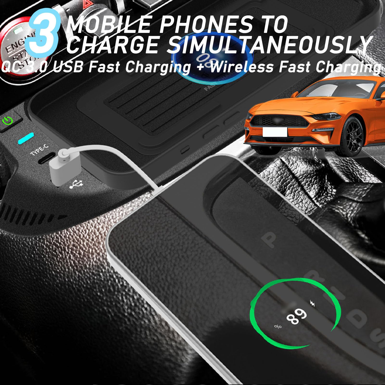 Caricabatterie Wireless per Auto per Tutti i Modelli Mustang Accessorio con 15 W Wireless e USB Qc3.0 + Type-C Ricarica Rapida Regalo per la Famiglia