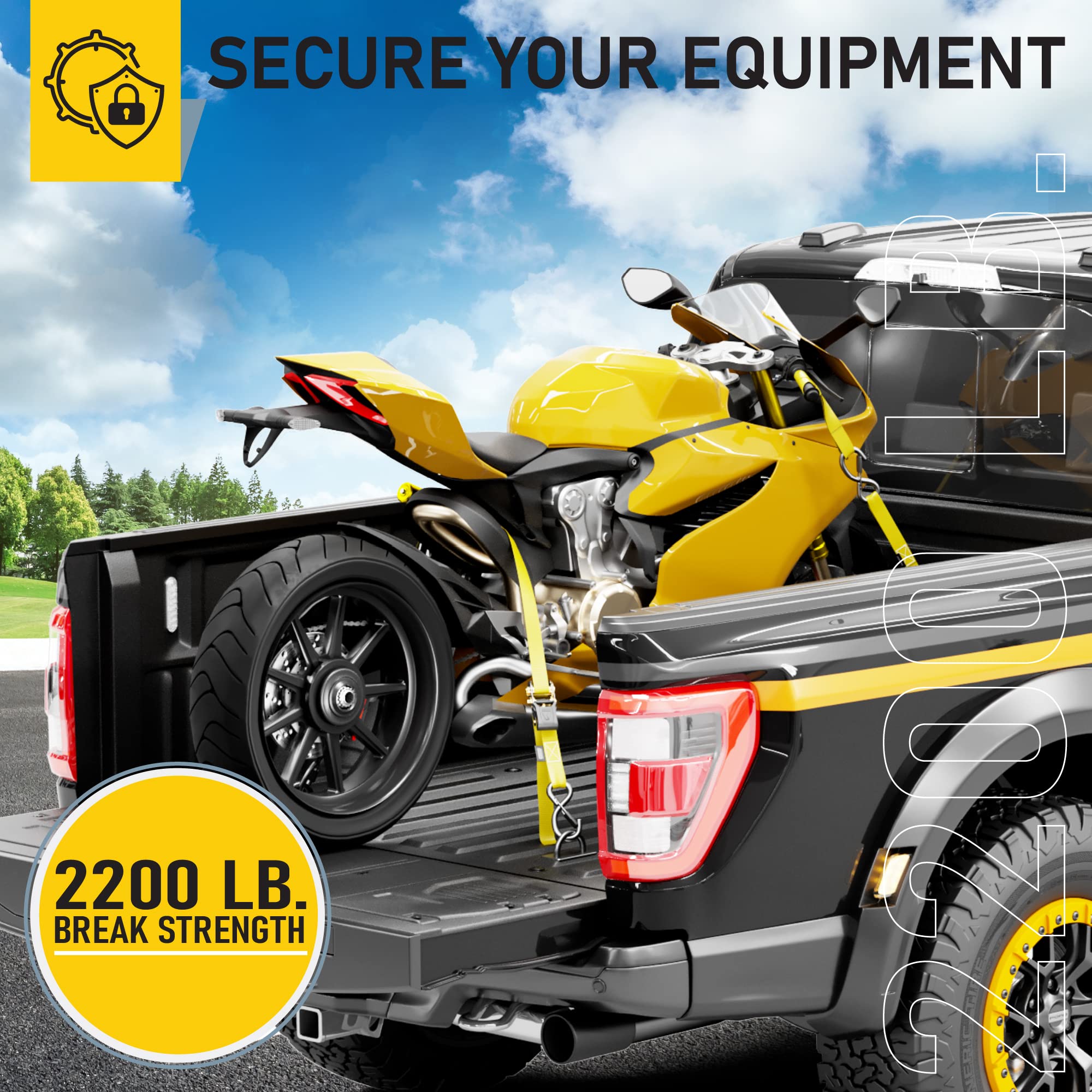 AUGO Cinghie con cricchetto – 4 pezzi – 4,5 m – 1000 kg – Cinghie di carico per dispositivi mobili, attrezzi da prato, moto – Bonus 2 gomme di tensionamento, 4 passanti morbidi cinghia di