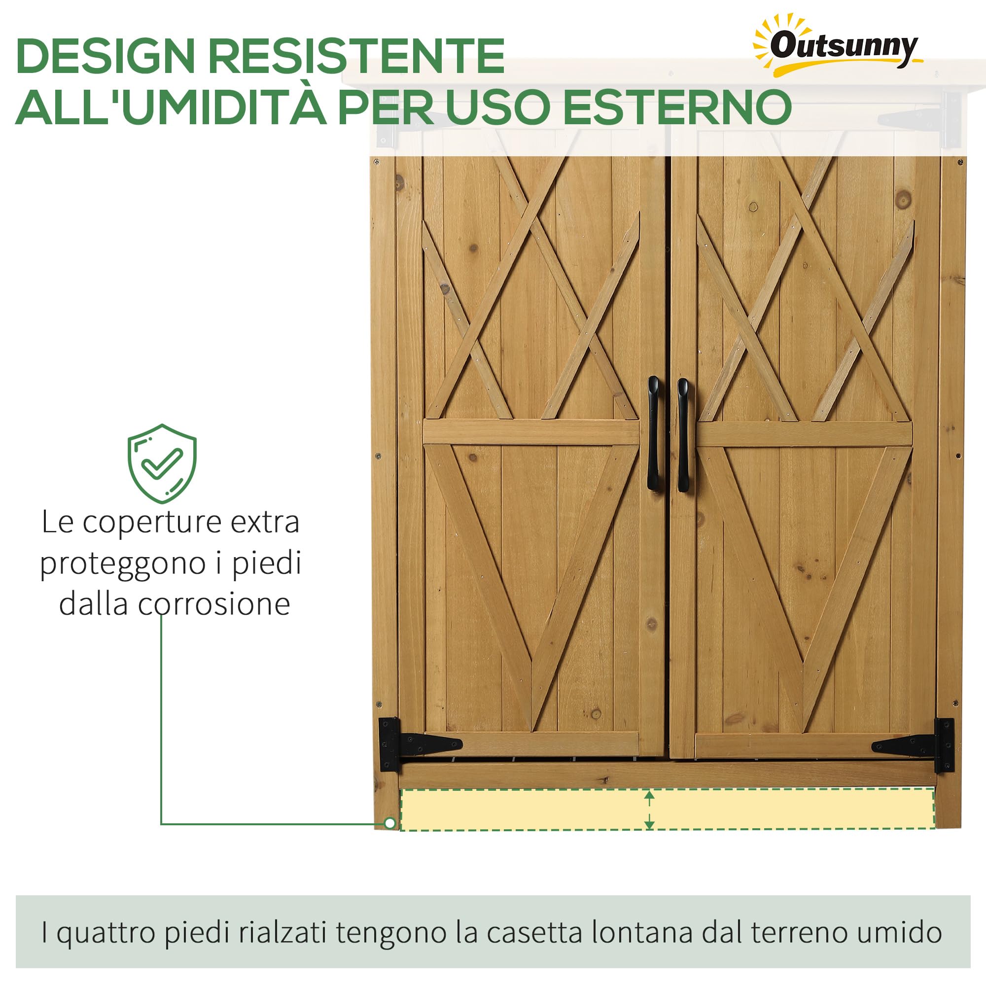 Outsunny Capanno Porta Attrezzi da Giardino con 2 Ante, 4 Scaffali e Base Rialzata, Casetta Attrezzi Giardino in Legno di Abete con Tetto in Lamiera Zincata e Chiusura Magnetica, 75x40x90 cm, Giallo