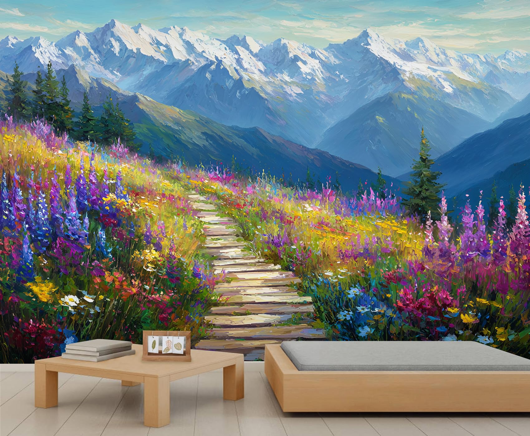 Natural Landscape Mountains Wallpaper Wildflowers Wall Murals for Living Room Colorful Oil Painting Style Flowers Wallpaper for Girls Bedroom Office Living Room Mural 350X256cm — image 1