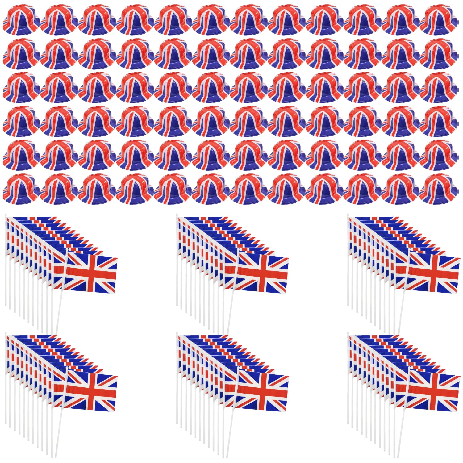 I LOVE FANCY DRESS Adults Union Jack Accessories - 72x Bowler Hat + 60x Union Jack Hand Waving Flags - Plastic Union Jack Bowler Hat and Fabric British Hand Waving Flag Ve Day Commonwealth