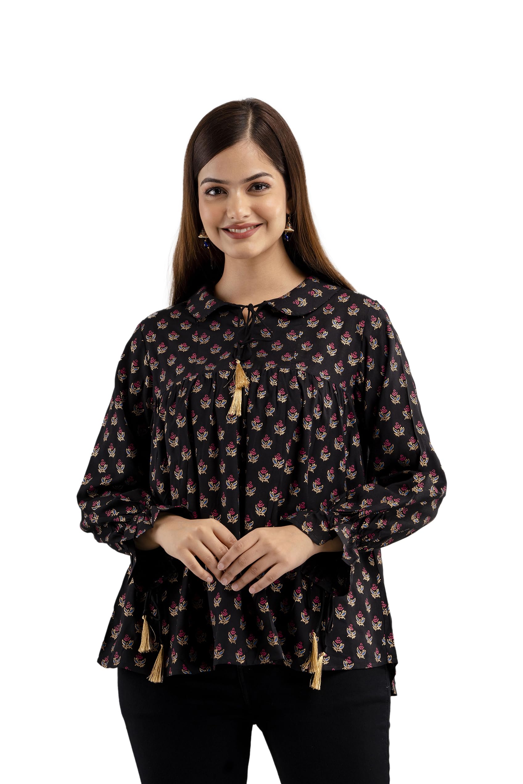 DMP FASHION Womens Rayon Printed Decent Black Colour Small Boota Collarad Fashion Sleeve Top (B0CD82TRS4) Amazon Price History, Amazon Price Tracker