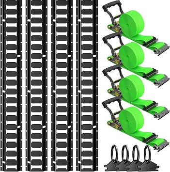 Trekassy E Track Rail Kit 4ft with 4 Ratchet Straps & 4 O-Rings, Heavy-Duty Black E-Track for Trailers, Vans, Trucks, Garages