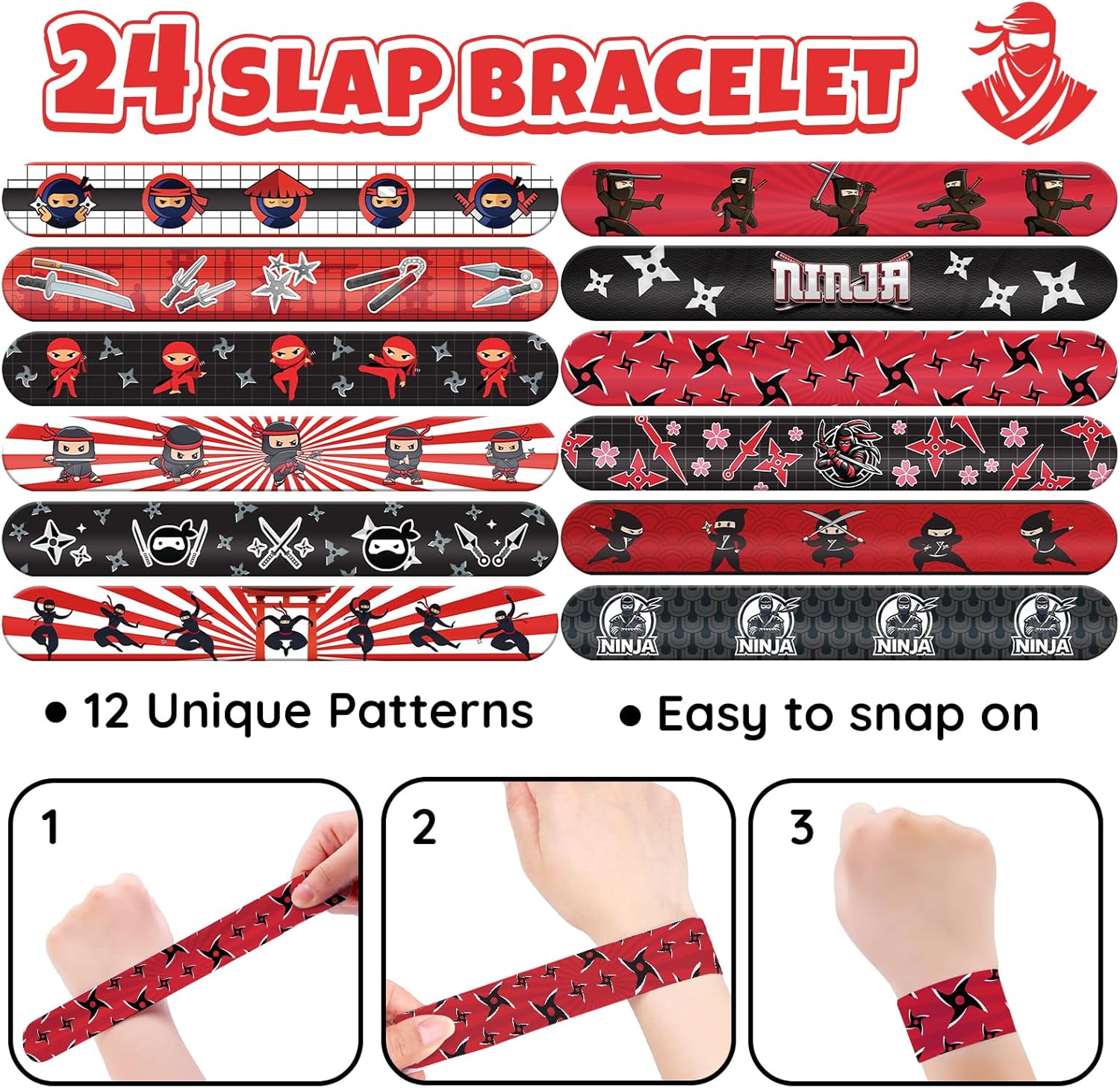 96 PCS Ninja Party Favors Set – 72 Pre-Cut Temporary Tattoos & 24 Slap Bracelets for Kids, Cool Red & Black Ninja Birthday Party Supplies and Goodie Bag Fillers - Image 5