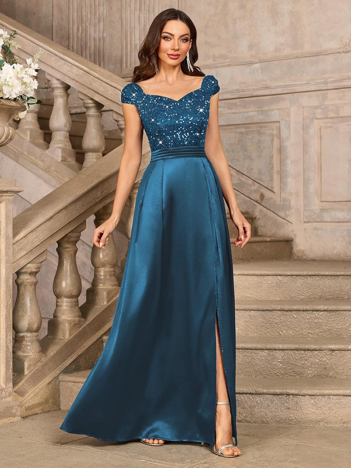 Miusol Women's Elegant V-Neck Sequin Lace Contrast Satin Split Bridesmaid Maxi Dress - Image 3