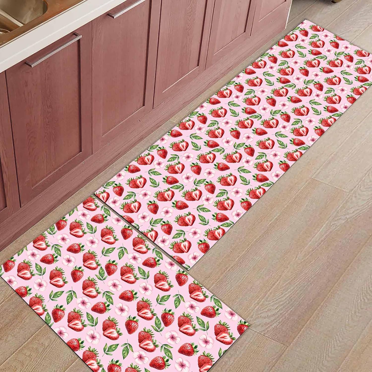 2 Pieces Kitchen Rugs and Mats,Summer Strawberry Leaf Flower Area Runner Rug Set Non Slip Floor Doormat Washable Carpet Standing Mat for Kitchen Sink Indoor Corridor,Watercolor Seamless Pink Theme