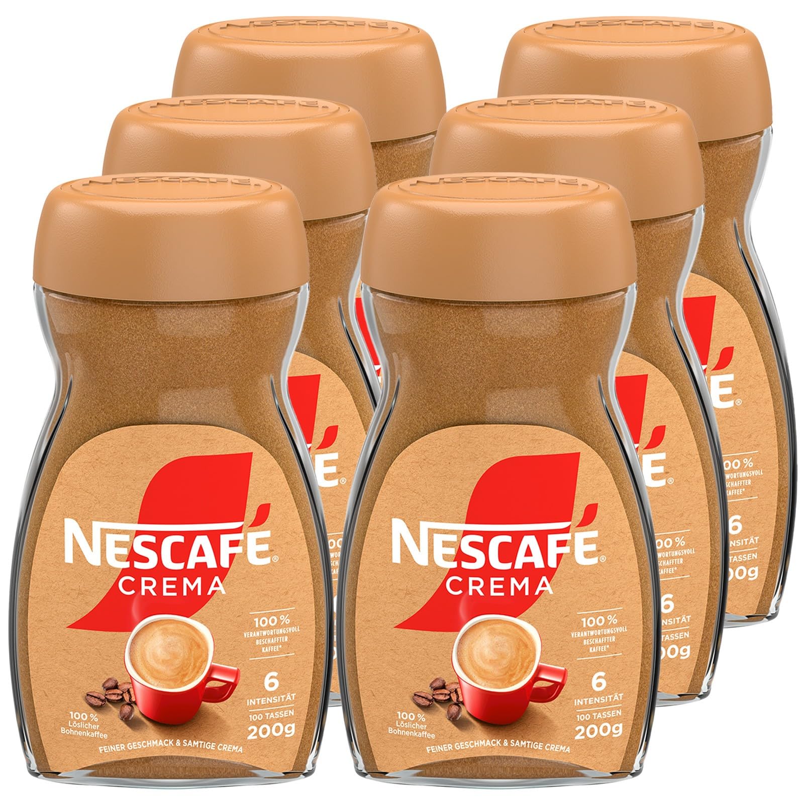NESCAFÉ CLASSIC Crema, löslicher Bohnenkaffee aus mitteldunkel gerösteten Kaffeebohnen, kräftiger Instant-Kaffee mit samtiger Crema, koffeinhaltig, 6er Pack