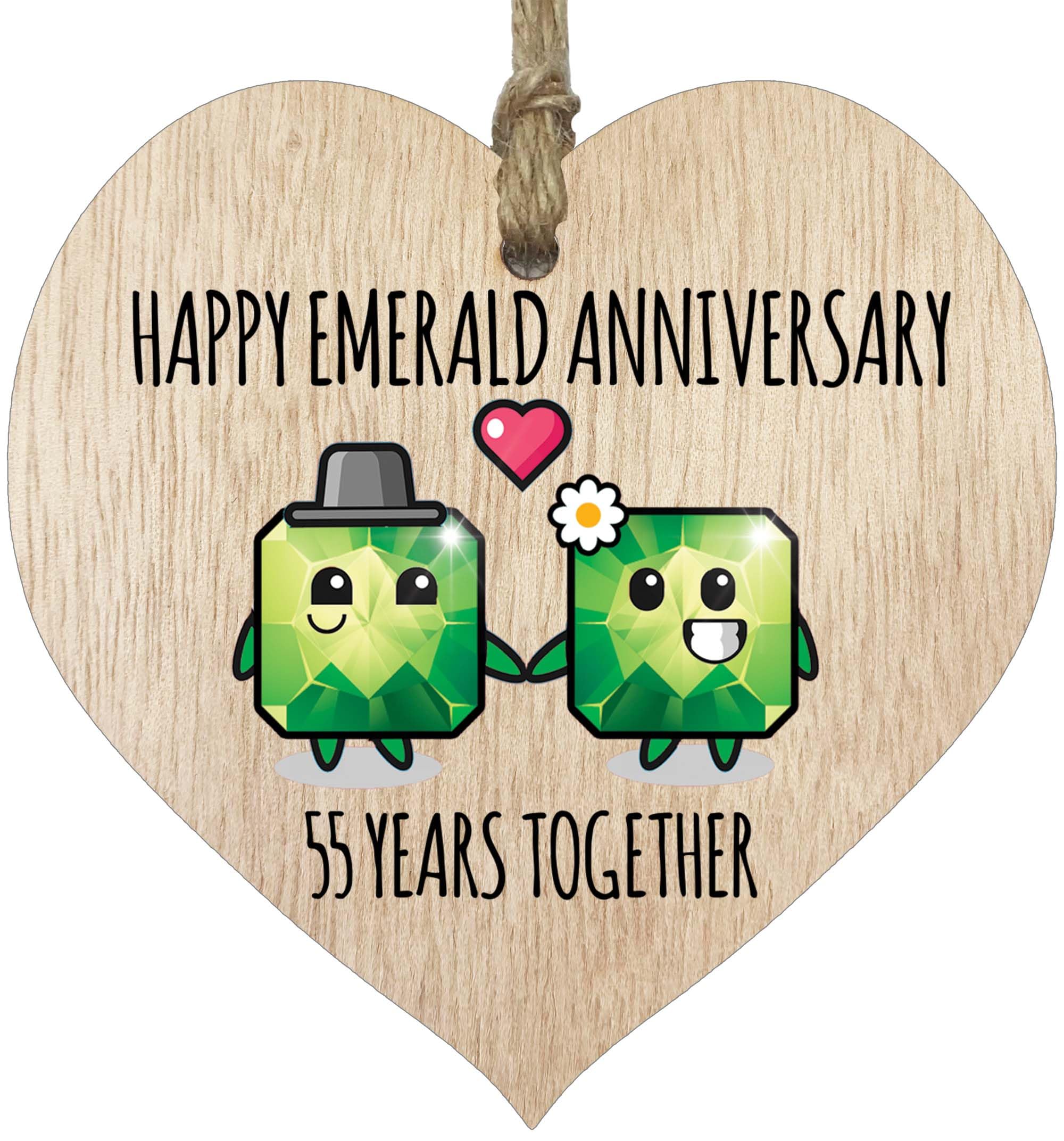 55th Wedding Anniversary Plaque Gift for Husband Wife - 55 Years Together - Happy Emerald Anniversary Wooden Heart for Women Men Partner, Light Wood Sign Keepsake Gifts
