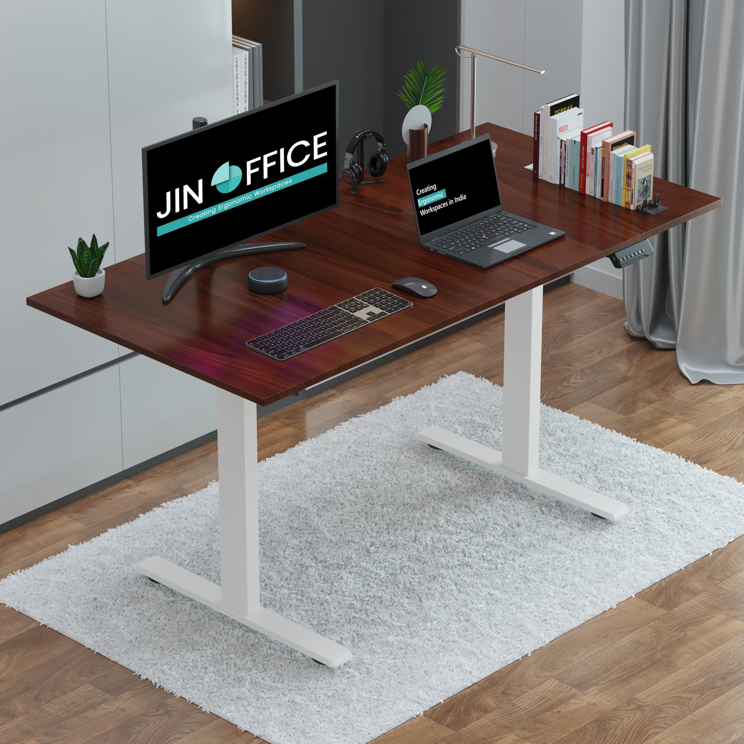 JIN OFFICE Zenith Electric Height Adjustable Table| Standing Desk with 100 Kg Wt. Capacity & 3 Year Warranty| Ergonomic Desk| Sit Stand Table with 3 Memory Preset| White & Brown |1500X750mm/25MM Thick