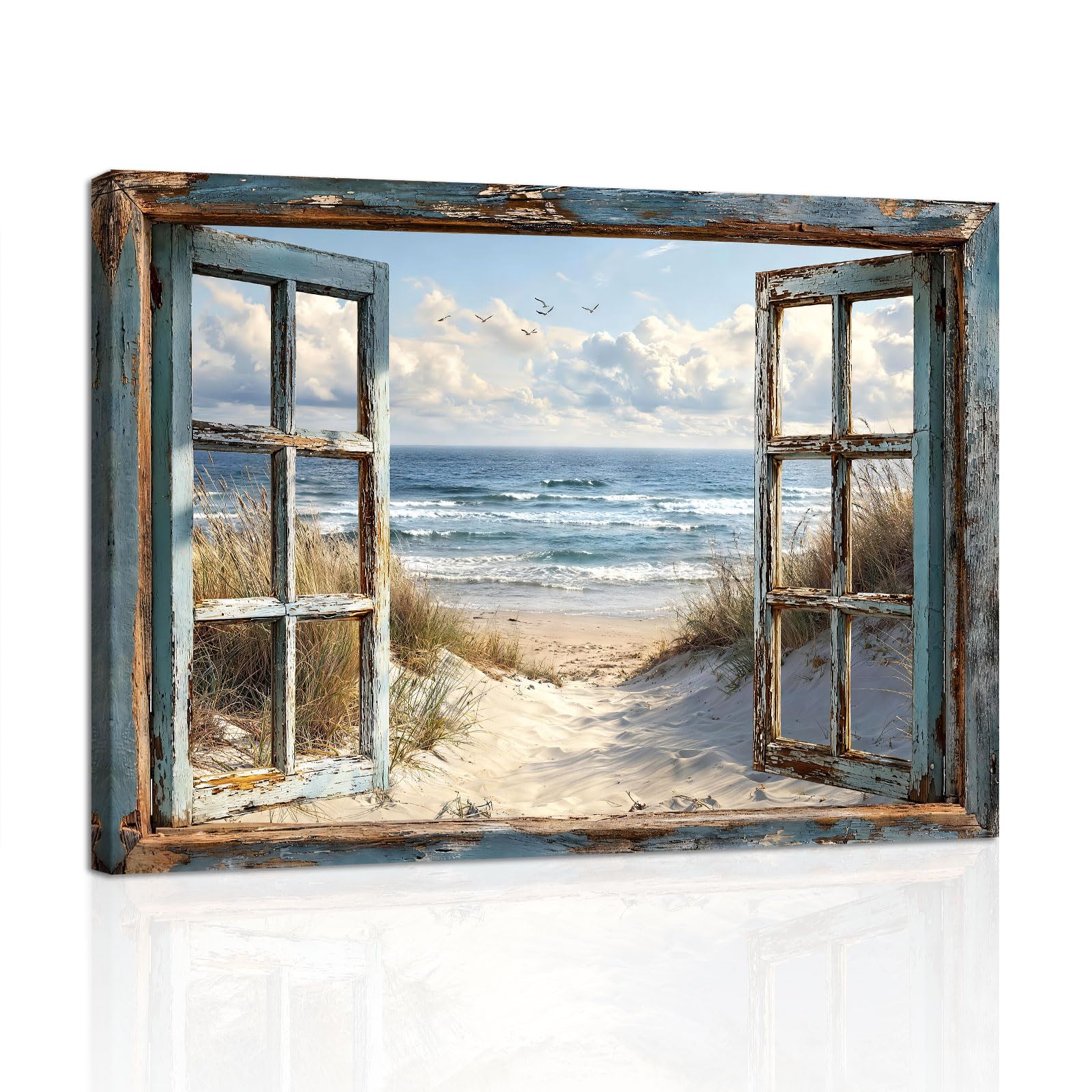 FajerminArt Beach View 3D Window Effect Canvas Wall Art Prints Vintage Blue Coastline Scenery Wall Pictures Natural Beach Reed Canva Painting Artwork Home Decor for Bedroom Living Room Kitchen 30X40cm