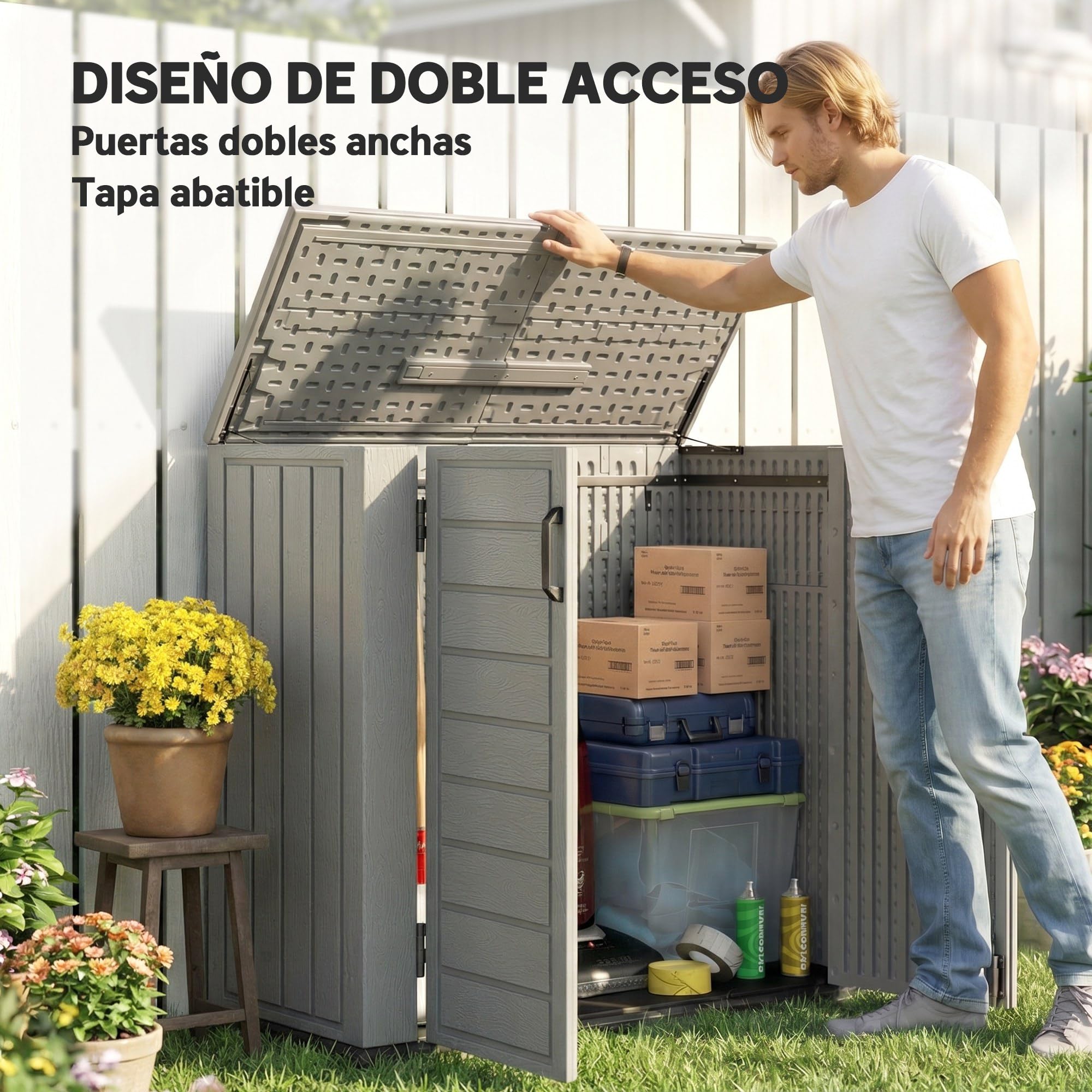Outsunny Armario de Exterior de HDPE 940L 142x67x119 cm Gris Claro | Caseta de Jardín Exterior, Tapa Abatible, 2 Puertas, Cerradura, Cobertizo para Herramientas