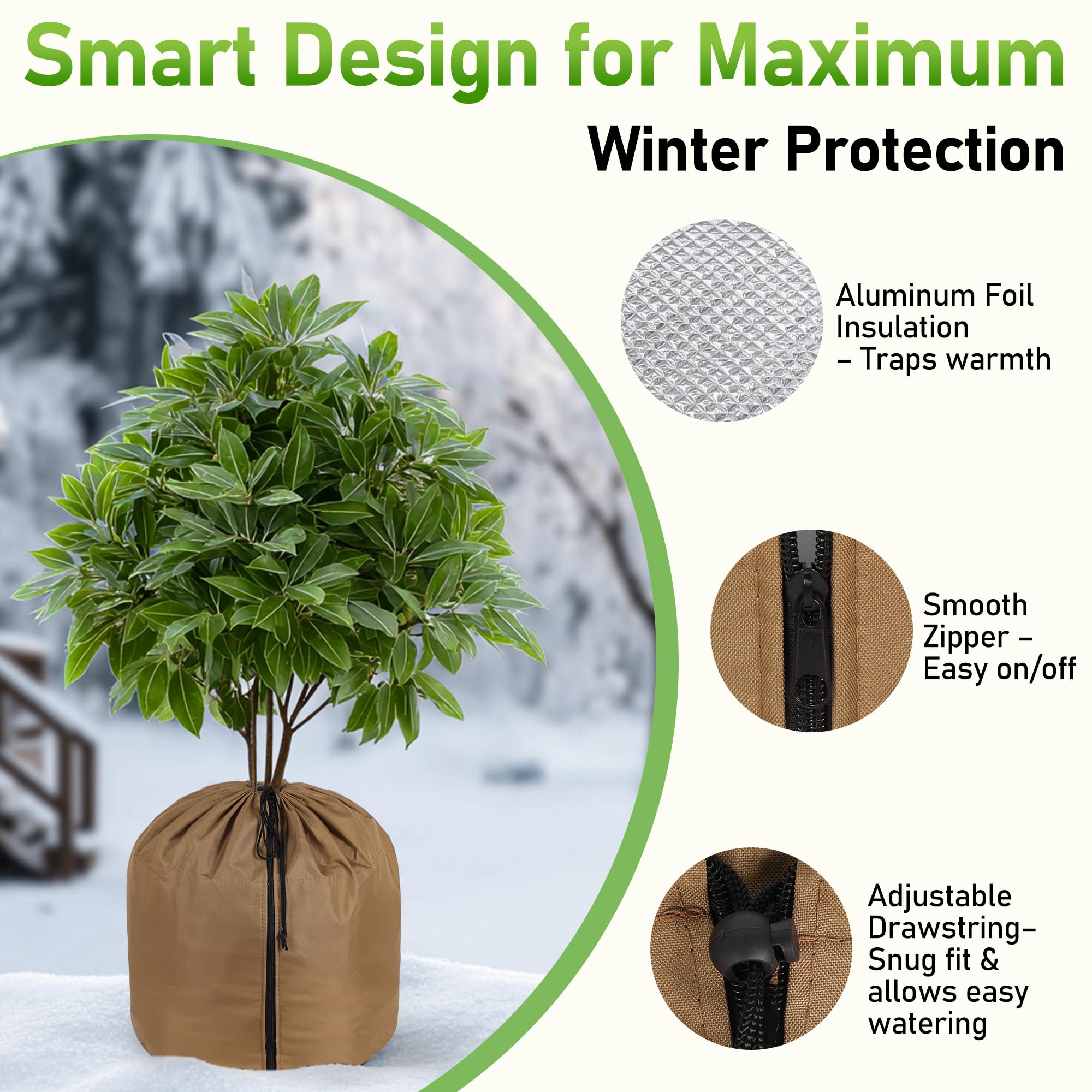 COZCLAM Set da 2 Coprivasi Termici per Piante 65×70 cm – Protezione Invernale con Rivestimento in Alluminio, Cerniera e Cordoncino – Copertura Isolante per Vasi e Radici di Piante in Vaso
