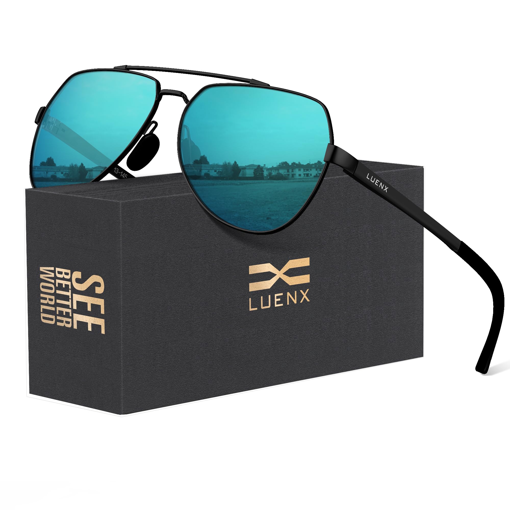 LUENX Men Aviator Sunglasses Polarized Shades Flexible Spring Hinge - Light Blue Mirror Lens Black Metal Frame 60mm