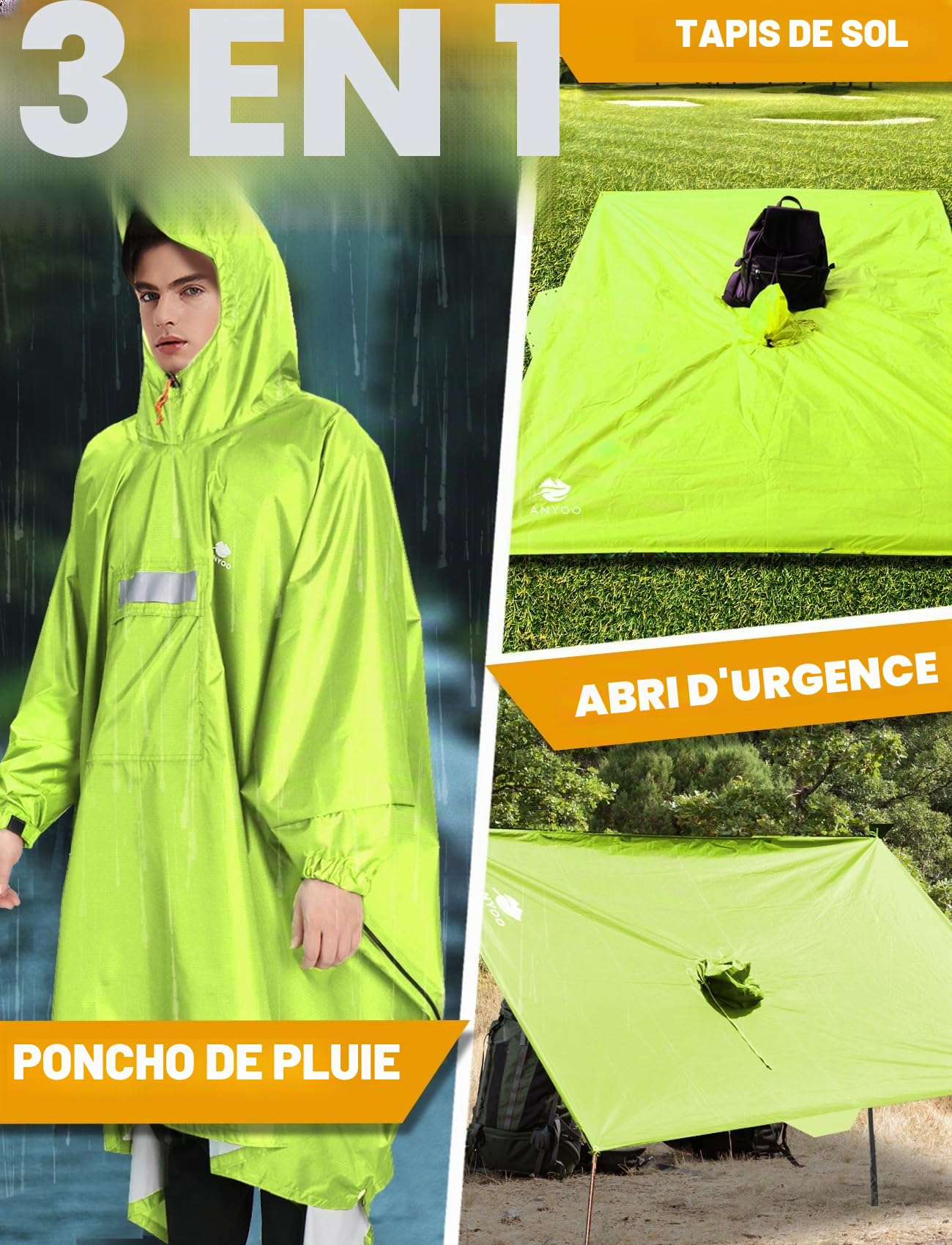 ANYOO Poncho léger, imperméable, réutilisable et Respirant avec Capuche, idéal pour l'extérieur,Taille Unique