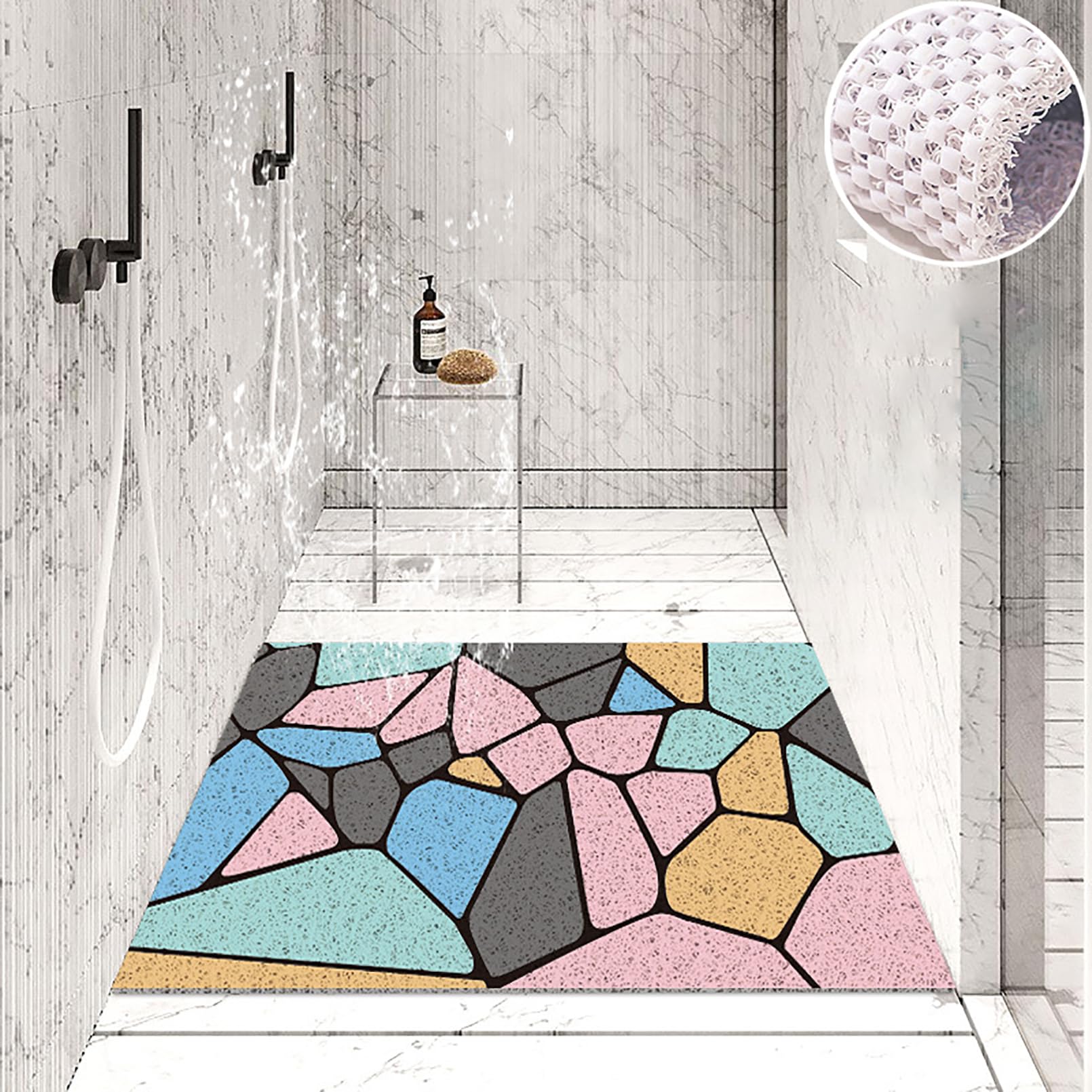 Tappetino da doccia antiscivolo, 40 x 60 cm, morbido e confortevole, in PVC, alla moda e lucido, con ganci, alta permeabilità all'acqua