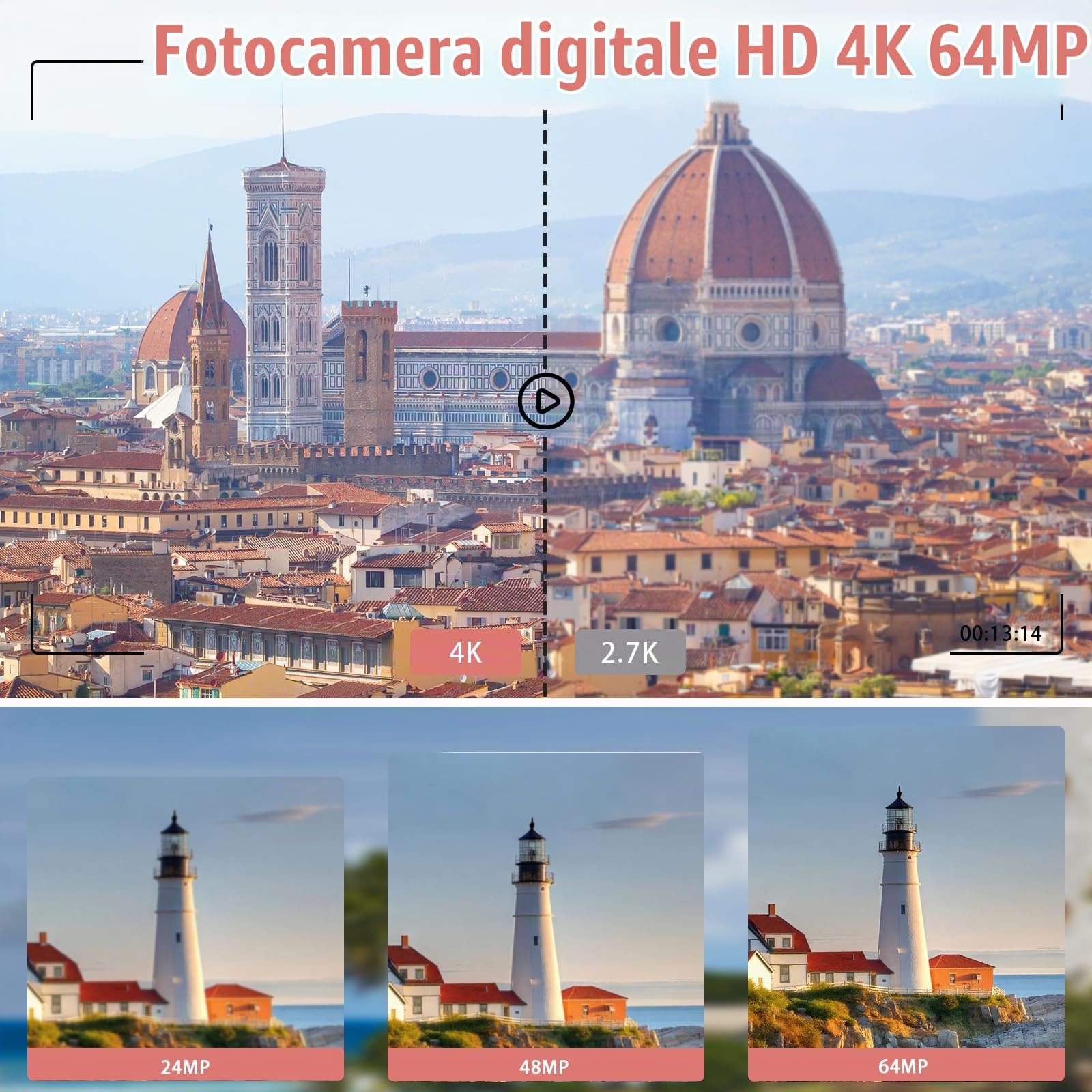 Fotocamera digitale 4K con Wi-Fi, 64 MP, fotocamere compatte da 3 pollici, 180 gradi, messa a fuoco automatica, ricaricabile, vlogging, fotocamera con WiFi