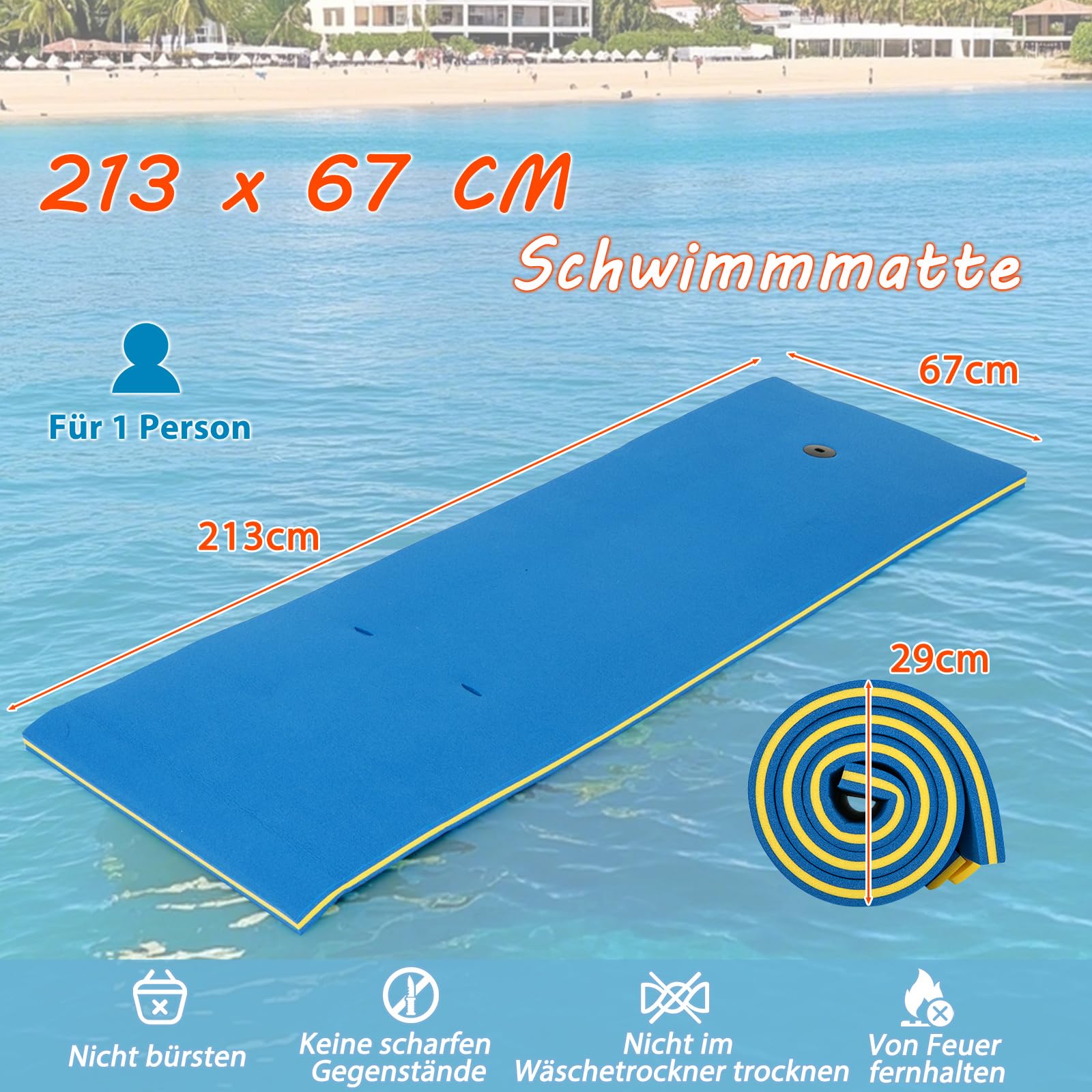 COSTWAY Schwimmmatte 355 x 183 cm, Schwimmende Wassermatte bis 400 kg belastbar, Schwimmmatte aus reißfestem XPE-Schaumstoff, Wasserliege, Wasserhängematte für Kinder und Erwachsene