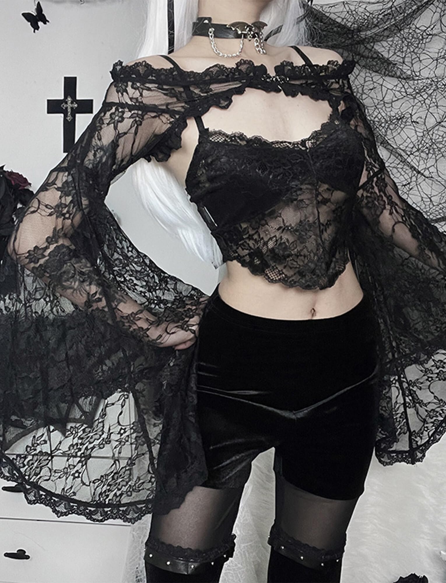 SEAUR Gothic koronkowe bolerko damskie z długim rękawem, styl vintage, punk, na imprezę, do klubu, na karnawał, Halloween