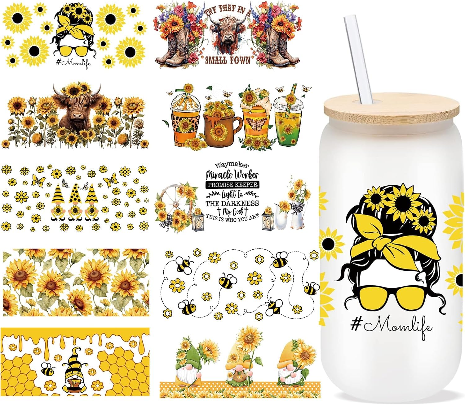 UV DTF Cup Wrap -10 Sheets Sunflower UV DTF Cup Wraps for 16 oz Glass Cups Crafts Water Bottles Home Decor Gift