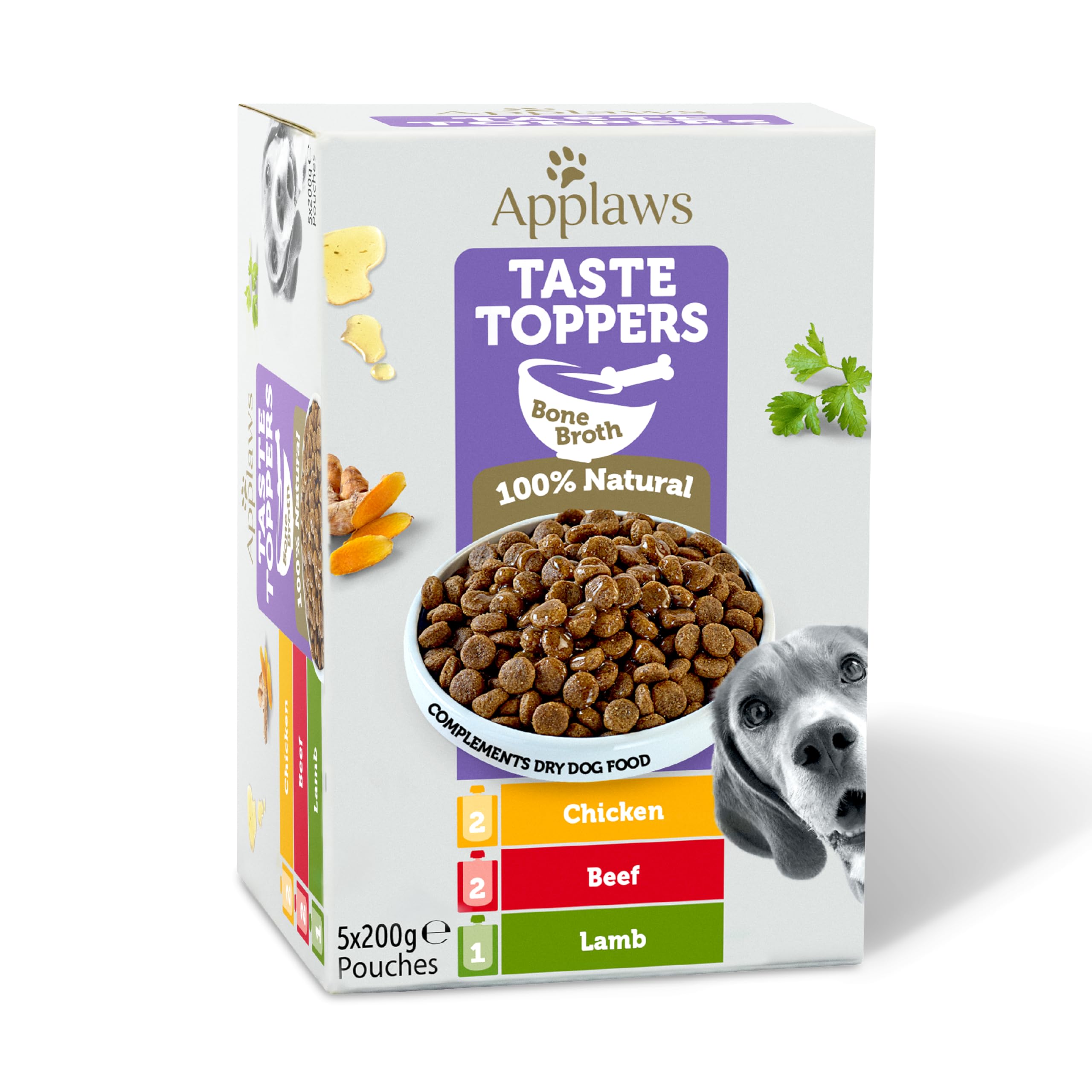 Applaws Taste Toppers 100% Natural Dog Food Topper Bone Broth, Multipack Variety Selection for Dogs, Kibble Topper 5 x 200g Spout Pouch