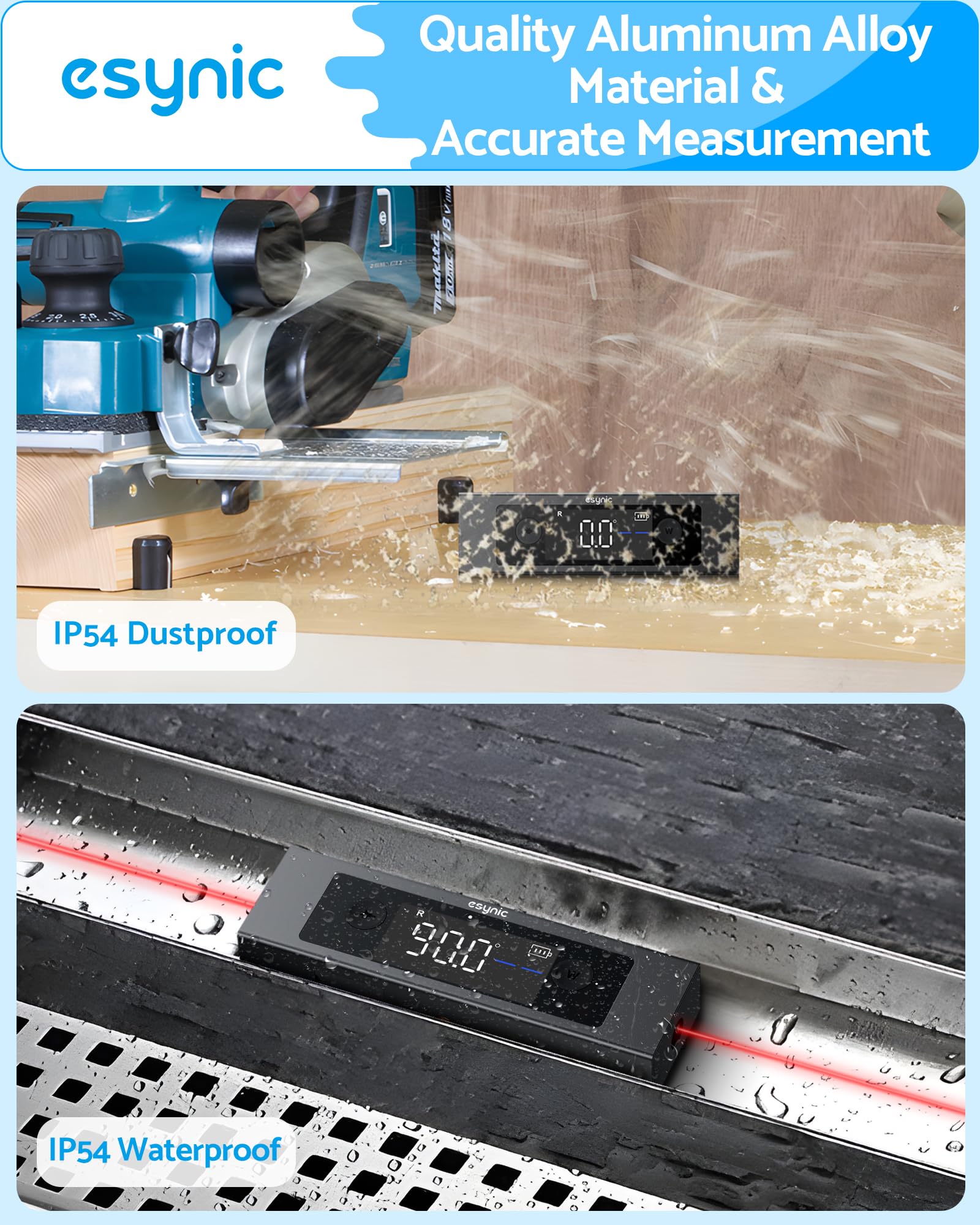 eSynic Digitaler Neigungswinkelmesser mit Dual-Achsen, Präzisions-Inklinometer, Doppel-LCD-Display, Laser-Level, 4 * 90° Messbereich, Wiederaufladbar mit USB-C