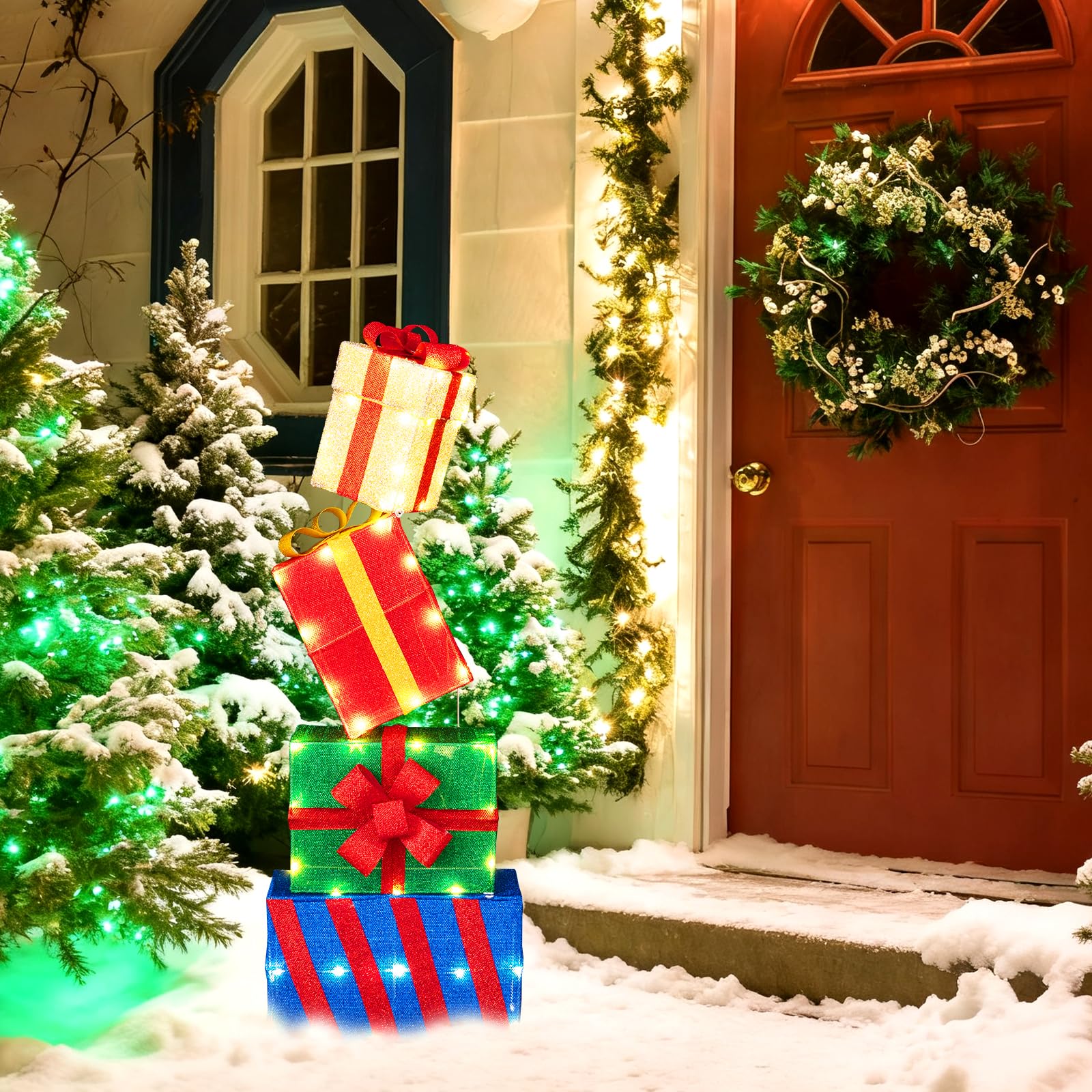 COSTWAY Set di 4 Scatole Regalo Natalizie Illuminati, Scatole Regalo Luminose con Fiocchi Colorati, 52 Luci LED Bianco Caldo, Decorazione Festiva per Casa e Giardino