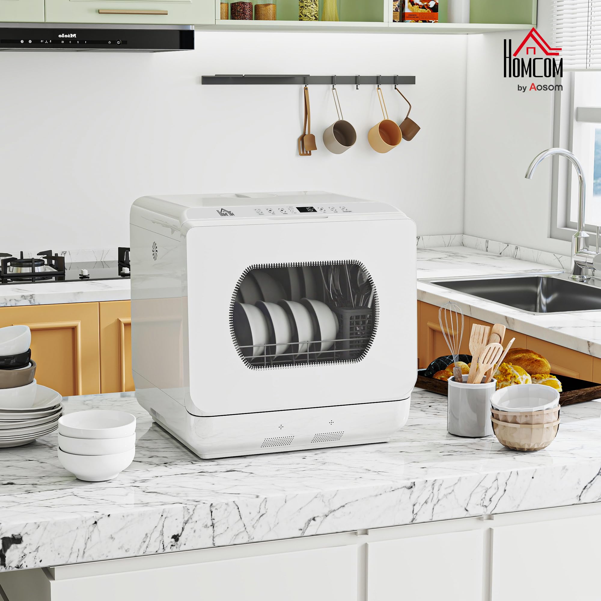 HOMCOM Mini lavavajillas 4 cubiertos, lavavajillas de mesa, 5 programas, doble suministro de agua, lavado de frutas, tanque de agua 6L, control táctil, pantalla LED, inicio retrasado, blanco