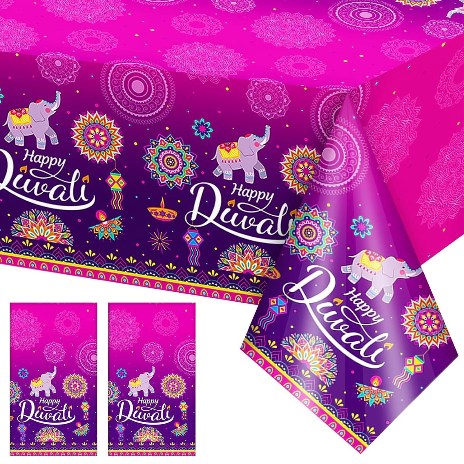 Qylazune Purple 2 Pcs Diwali Decorations For House Tablecloth Set Vibrant Pink Tones Indian Elephants, Oil Lamps, And Mandala Patterns, Brightening Your Festive Table And Creating A Joyful Happy Atmosphere