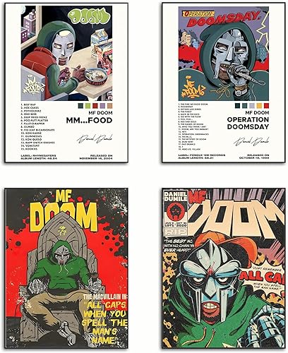 ZONTO Mf Doom - Pósteres de portada de álbum de rapero firmado con música limitada, juego de 4 pósteres estéticos para sala de estar, dormitorio,