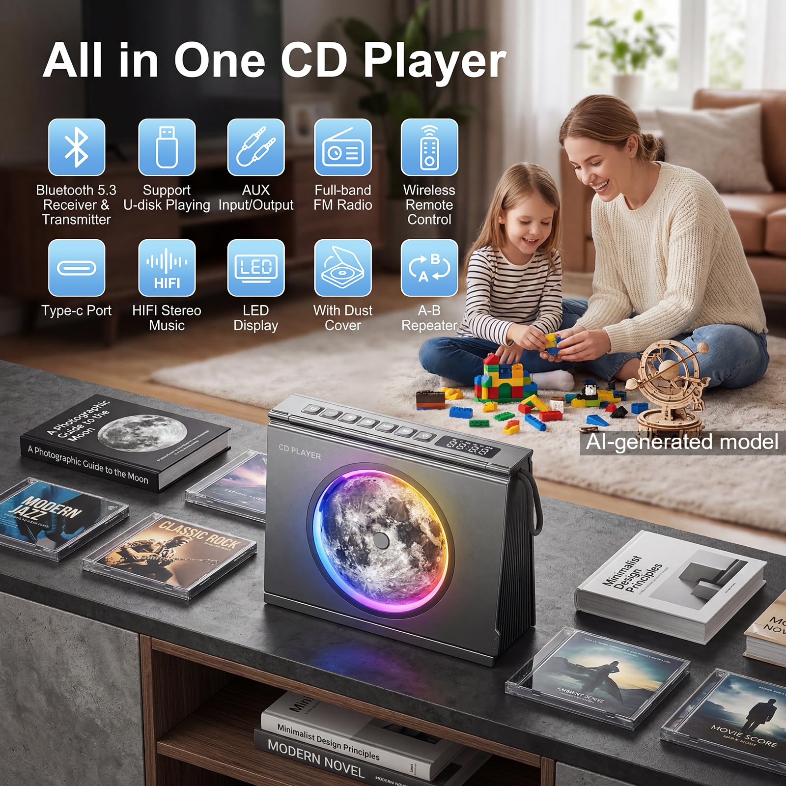 Gueray Lecteur CD Portable avec Lumière, Bluetooth 5.3 Enceinte HiFi Batterie 4000mAh Rechargeable Design Bibliothèque Indicateur de Niveau de Batterie Cadeau Original Homme Femme pour Décoration