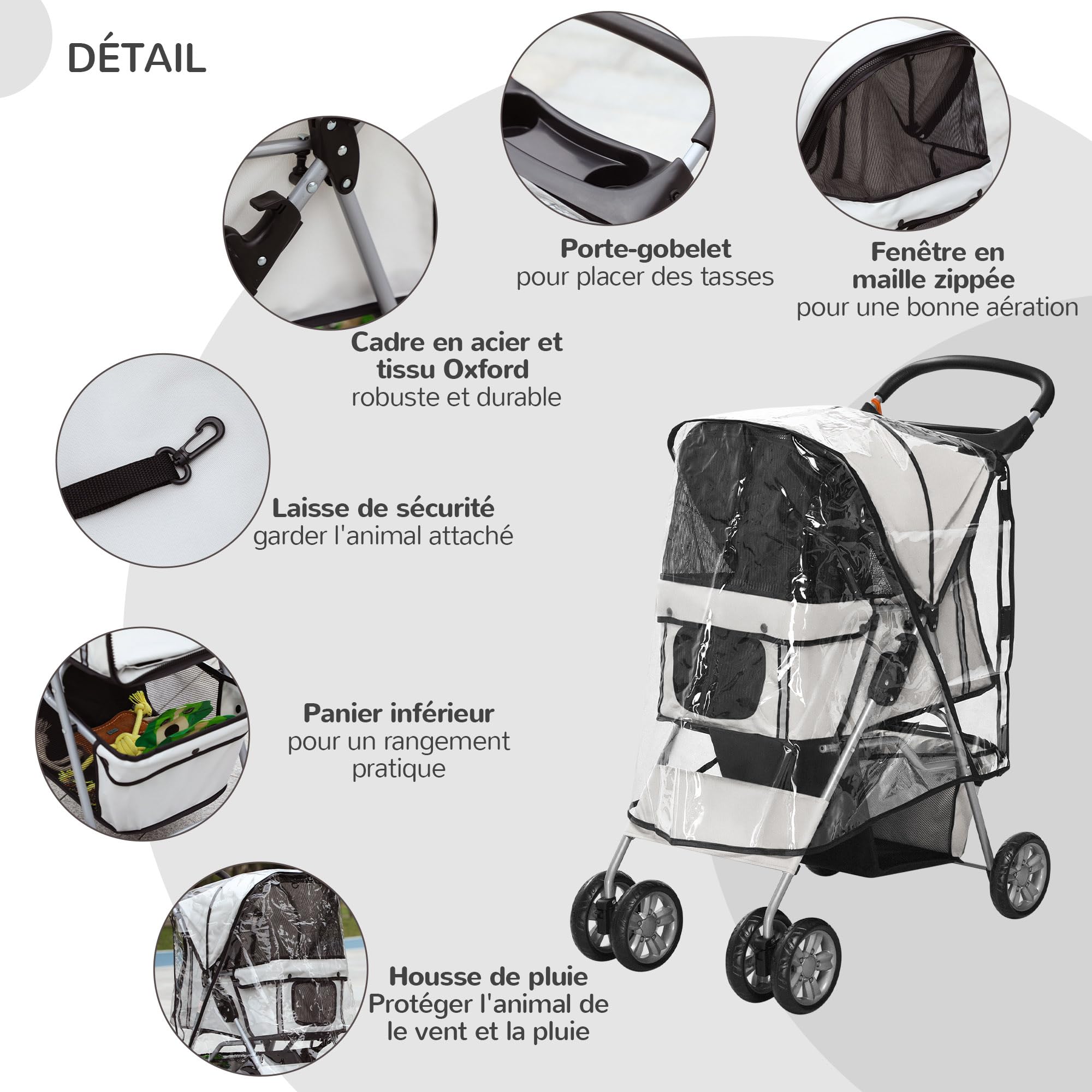 PawHut Poussette Buggy Pliable Animaux, Chariot Pliante Imperméable pour Chien et Chat, Porte-Gobelet, Panier de Rangement Inclus, Roues avec Frein, Tissu 600D Oxford, Toit Amovible Incluse, Gris