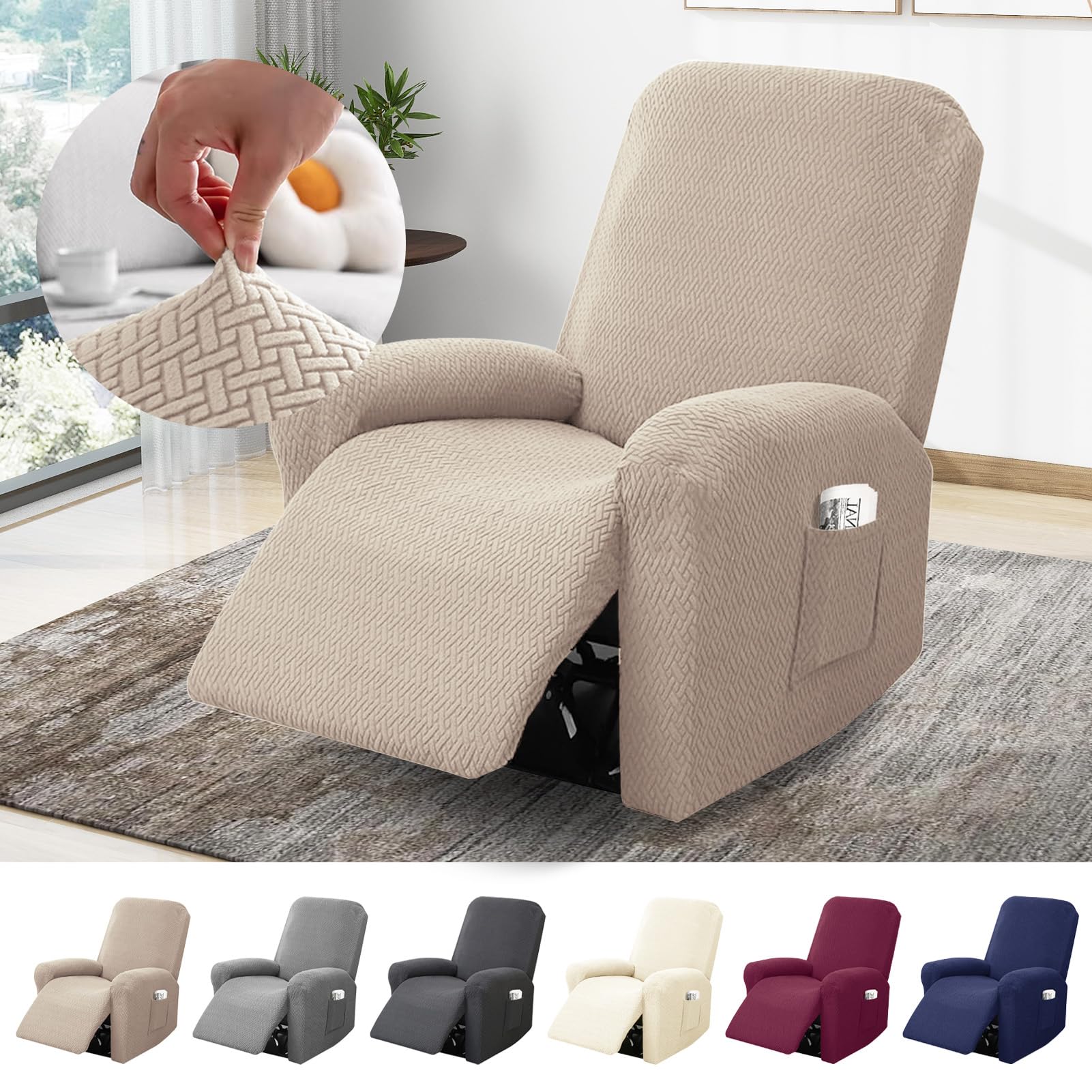 BOYIFEIJIE 1-Seater Recliner Chair Cover, All-Inclusive Striped Jacquard Armchair Slipcover with Pocket, Non-Slip Stretch Recliner Protector for Living Room Recliner Chair (Taupe, 4-Pieces)