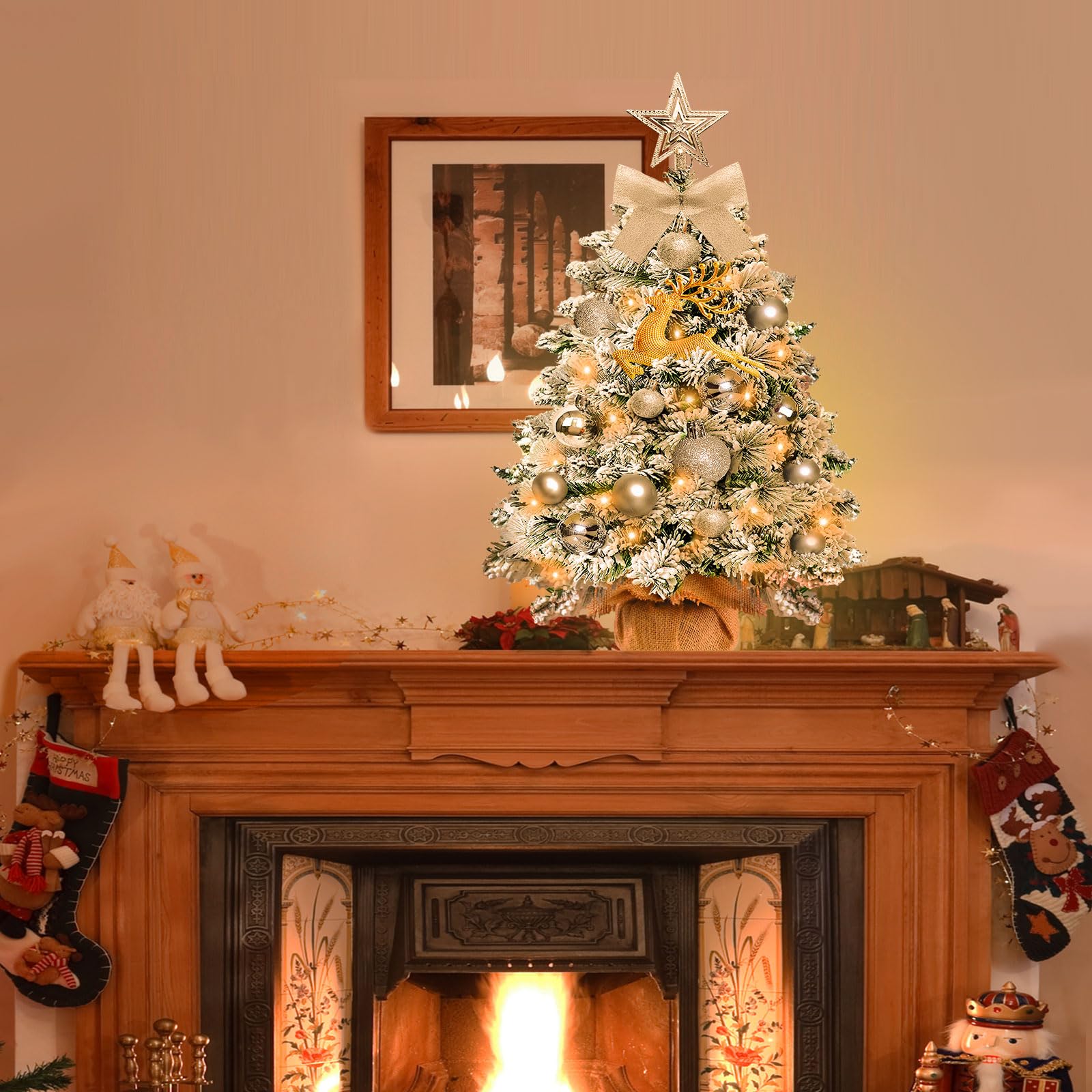 Mini Albero di Natale Artificiale Piccolo,60 cm Albero di Natale Piccolo con Luci con 23 Decorazioni Natalizie Fai da Te,Albero di Natale con Adatto per Natale e Capodanno﻿ (floccaggio)